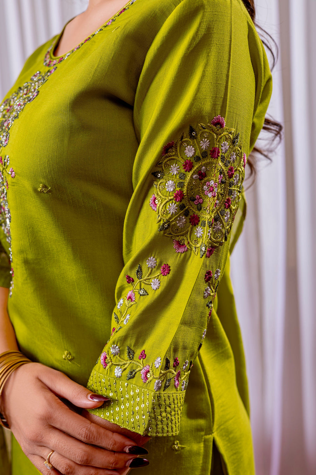 Vedant Vastram Viscose Silk Hand Work & Embroidery Work Stitched Kurta Pant Dupatta Set-Parrot Green