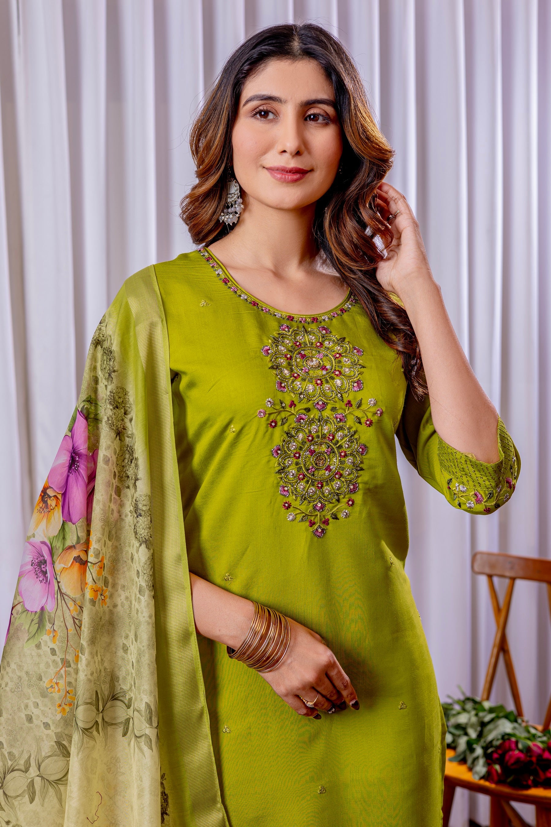 Vedant Vastram Viscose Silk Hand Work & Embroidery Work Stitched Kurta Pant Dupatta Set-Parrot Green
