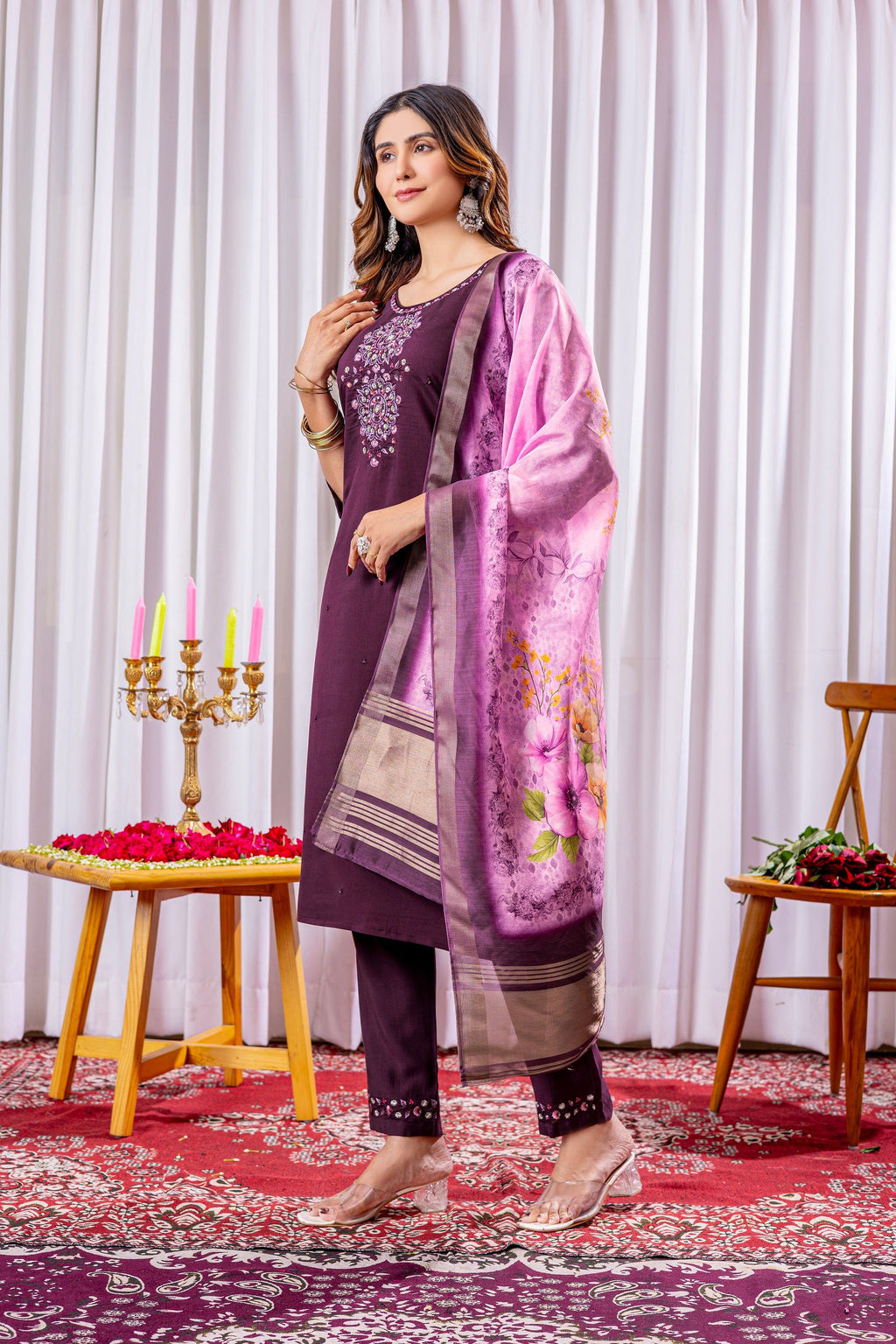 Vedant Vastram Viscose Silk Hand Work & Embroidery Work Stitched Kurta Pant Dupatta Set-Wine