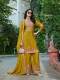 Anaita Mustard Chinon Stitched Plazzo Suit With Codding Dori & Sequence Work