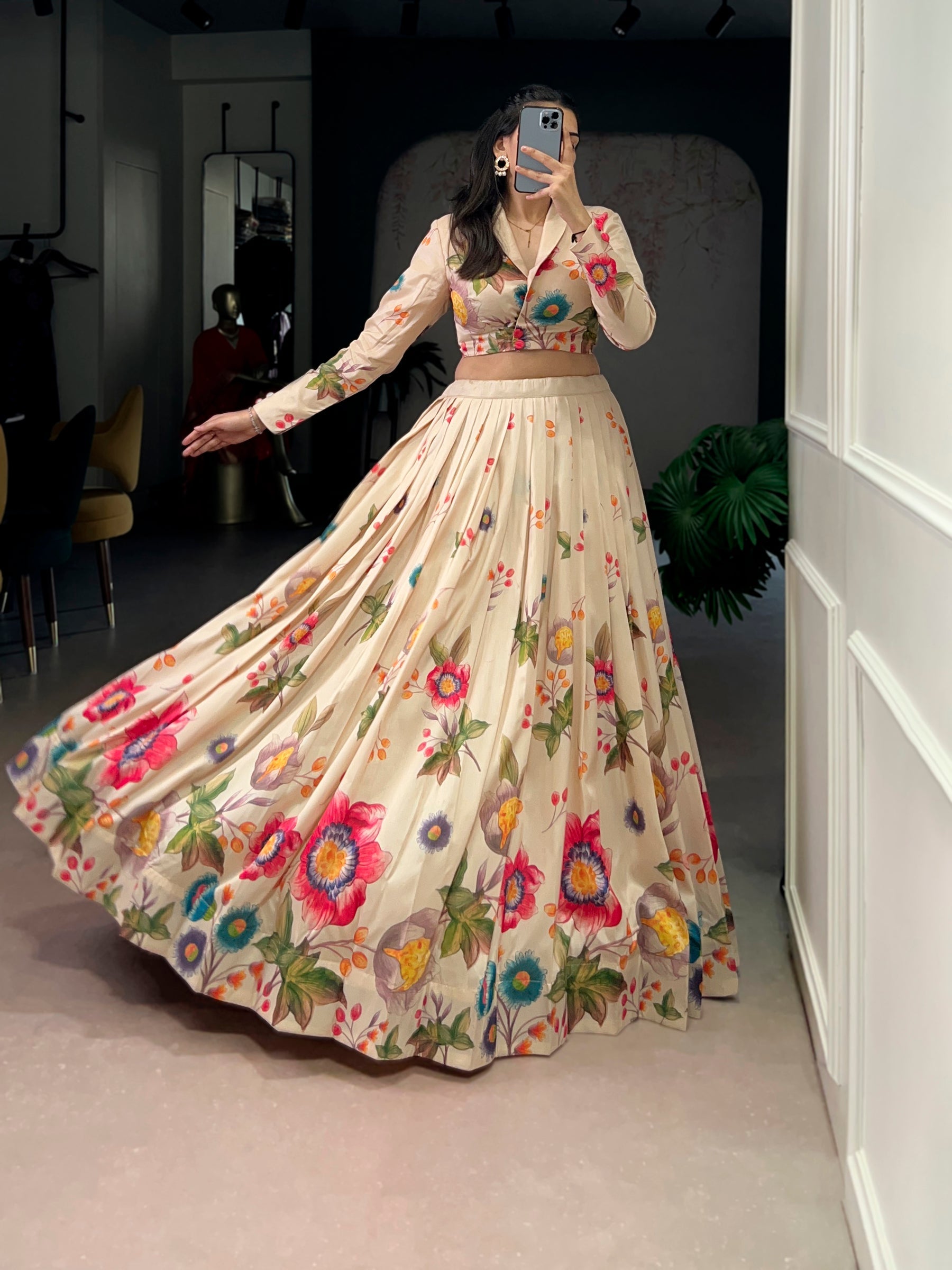 Lorenvalley Fashion Cream Tasar Silk Floral Print Lehenga Choli Co-ord Set