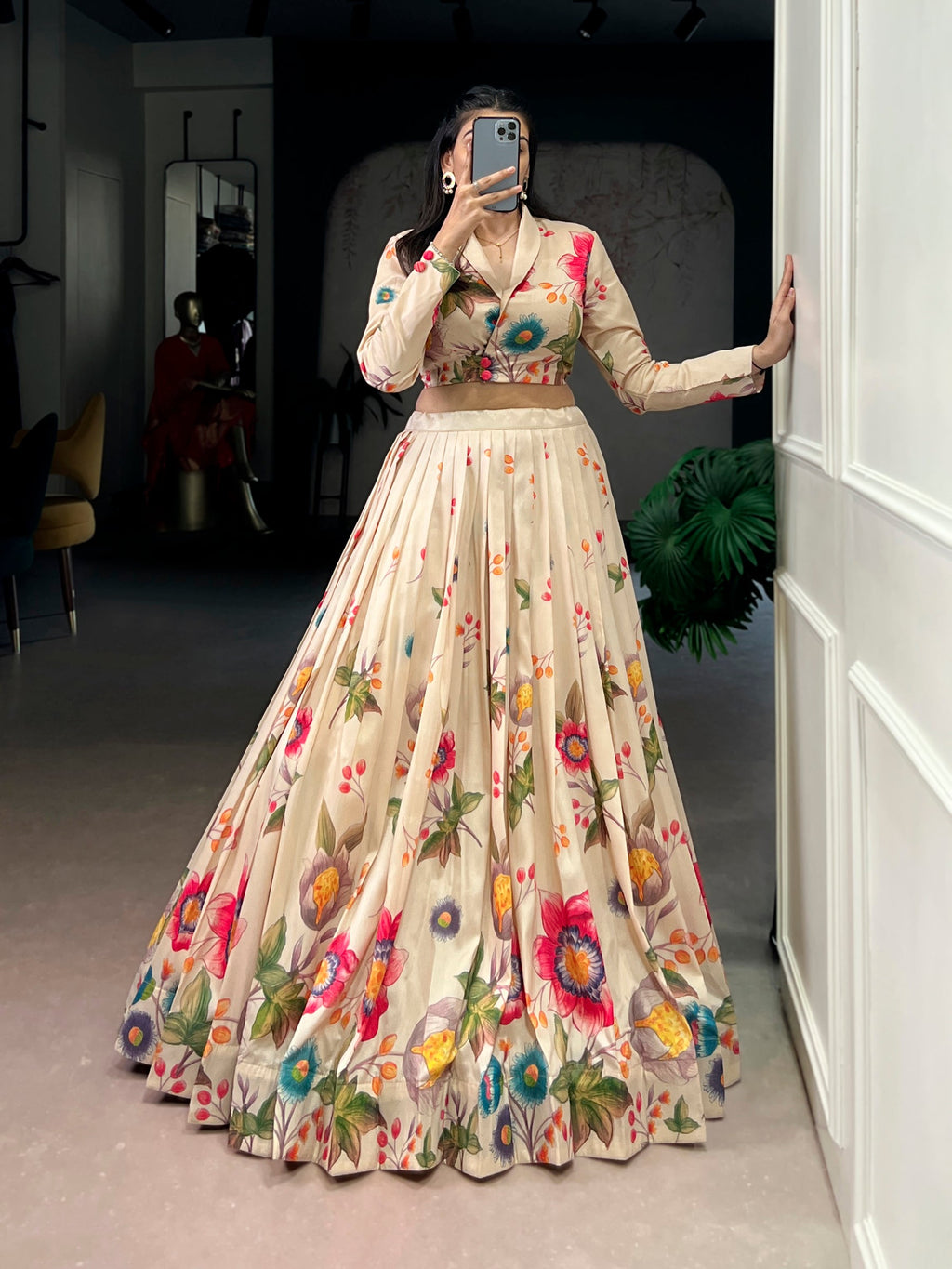 Lorenvalley Fashion Cream Tasar Silk Floral Print Lehenga Choli Co-ord Set