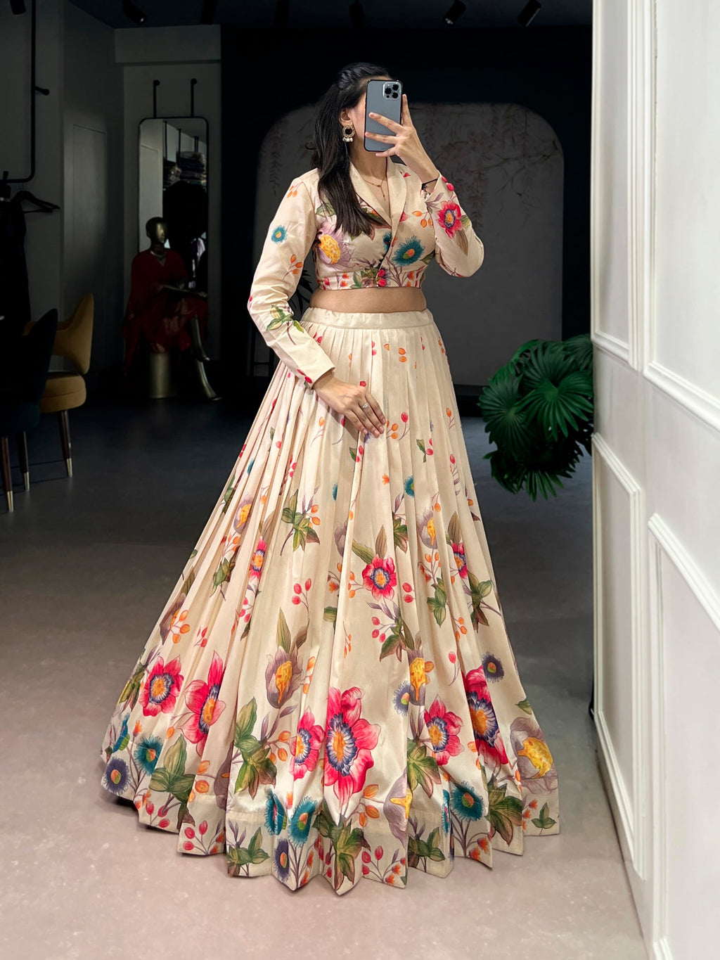 Lorenvalley Fashion Cream Tasar Silk Floral Print Lehenga Choli Co-ord Set