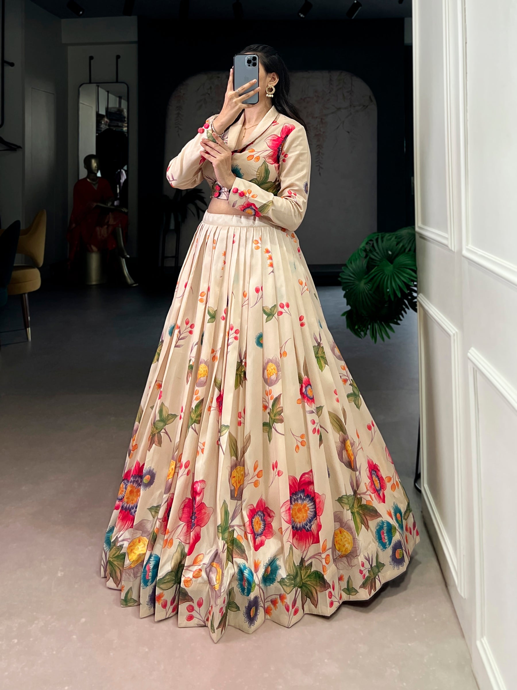 Lorenvalley Fashion Cream Tasar Silk Floral Print Lehenga Choli Co-ord Set