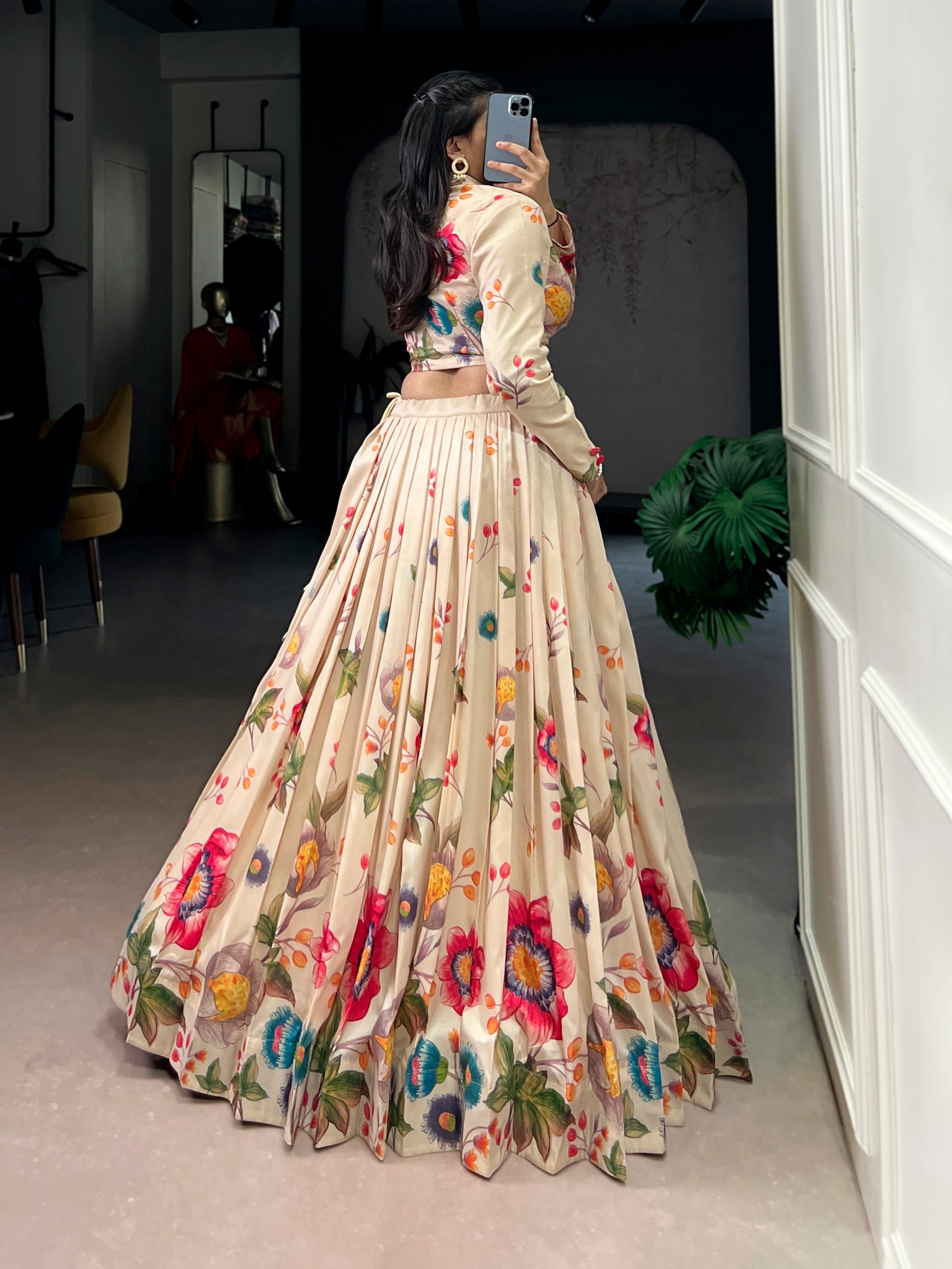 Lorenvalley Fashion Cream Tasar Silk Floral Print Lehenga Choli Co-ord Set