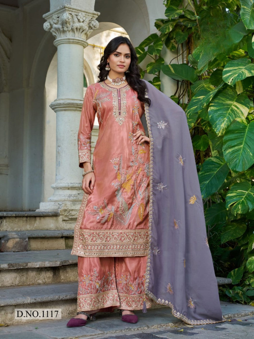Anaita Peach Shimmer Stitched Plazzo Suit With Codding Dori & Sequence Work