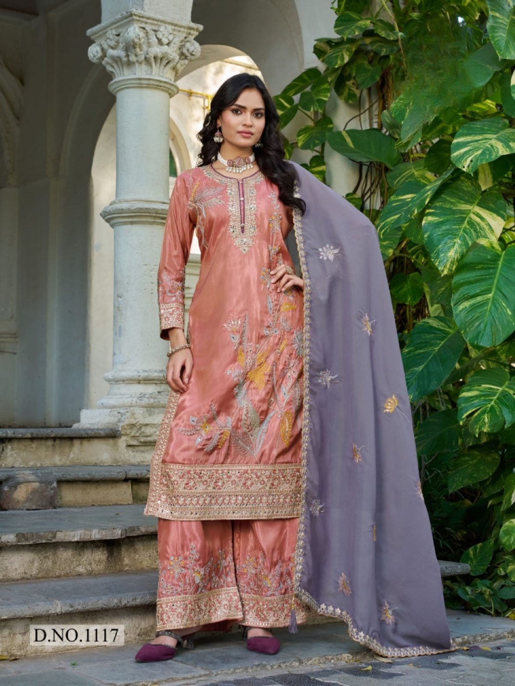 Anaita Peach Shimmer Stitched Plazzo Suit With Codding Dori & Sequence Work