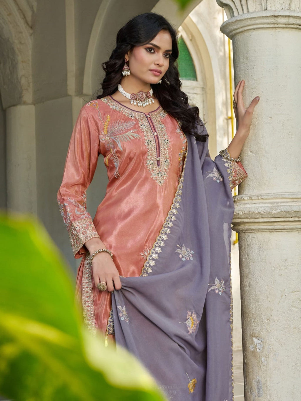Anaita Peach Shimmer Stitched Plazzo Suit With Codding Dori & Sequence Work