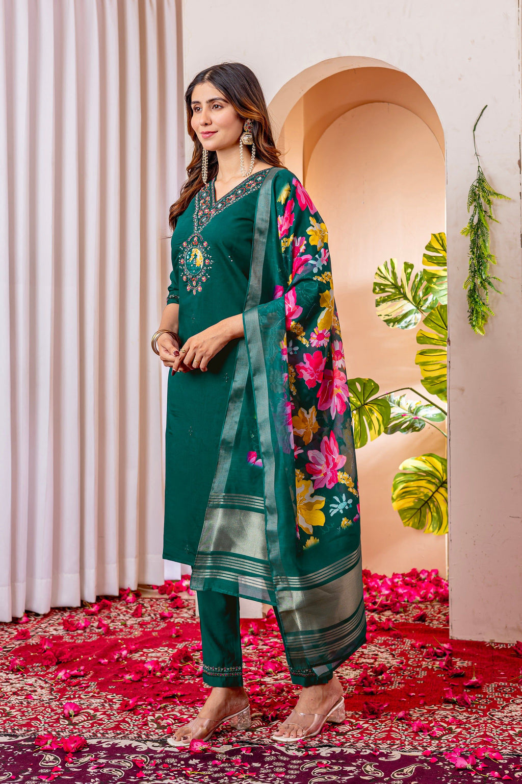 Vedant Vastram Viscose Silk Embroidery & Sequence Work Stitched Kurta Pant Dupatta Set-Green