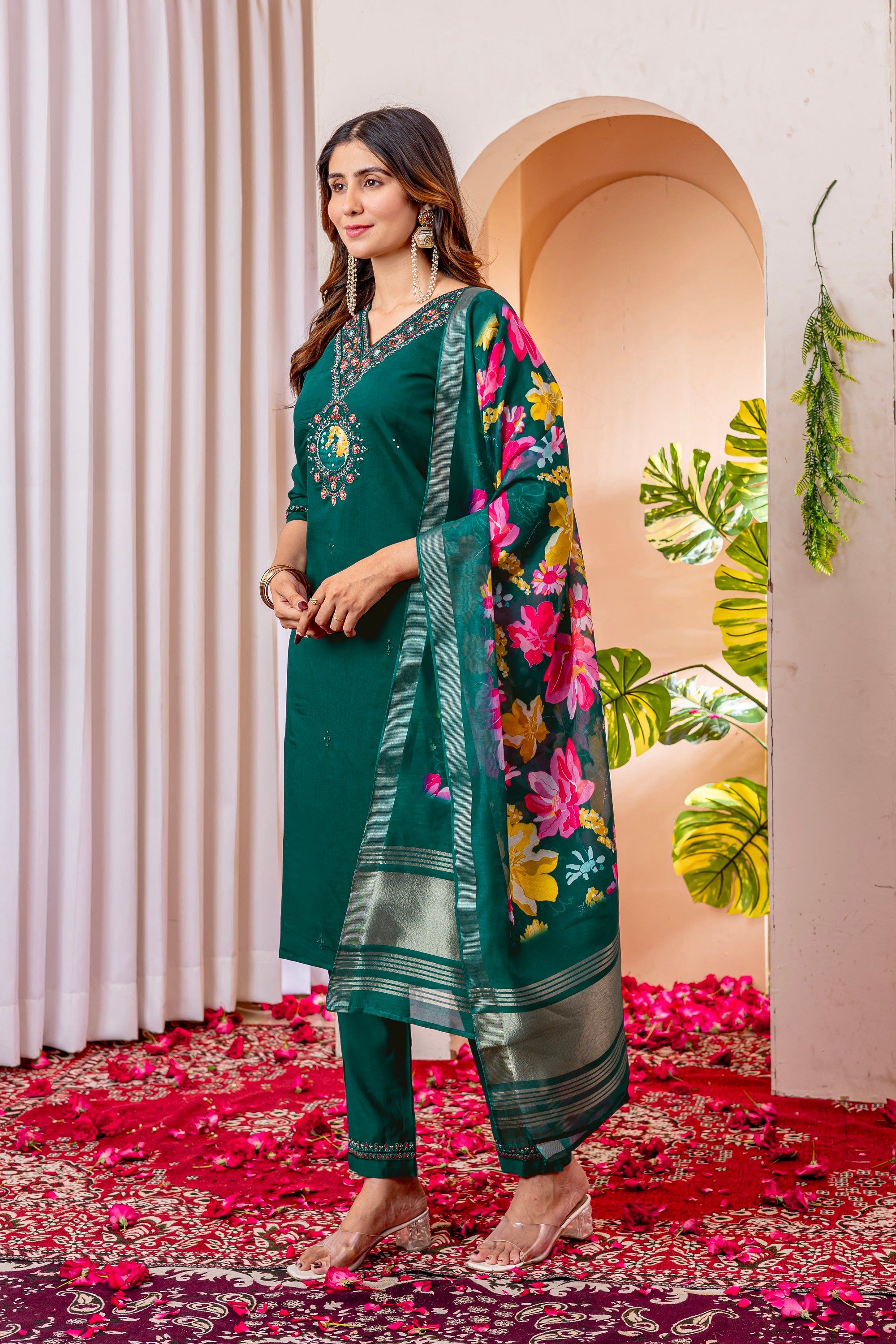 Vedant Vastram Viscose Silk Embroidery & Sequence Work Stitched Kurta Pant Dupatta Set-Green
