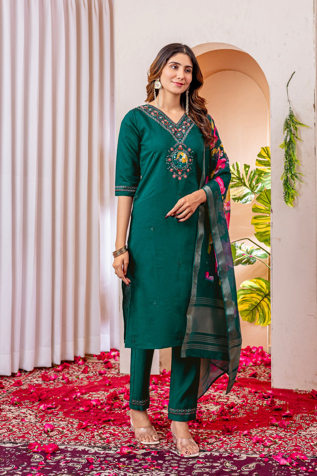 Vedant Vastram Viscose Silk Embroidery & Sequence Work Stitched Kurta Pant Dupatta Set-Green