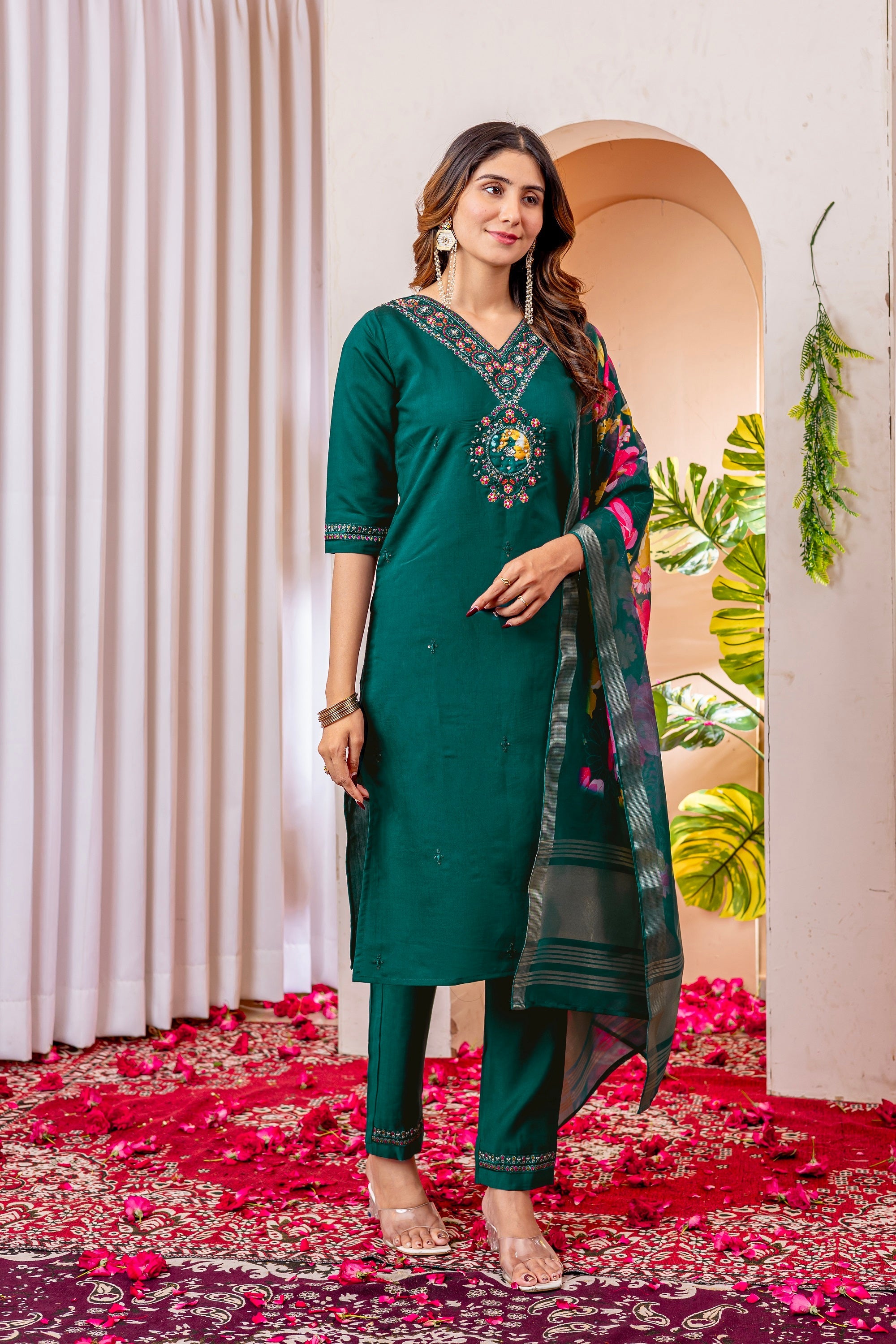 Vedant Vastram Viscose Silk Embroidery & Sequence Work Stitched Kurta Pant Dupatta Set-Green