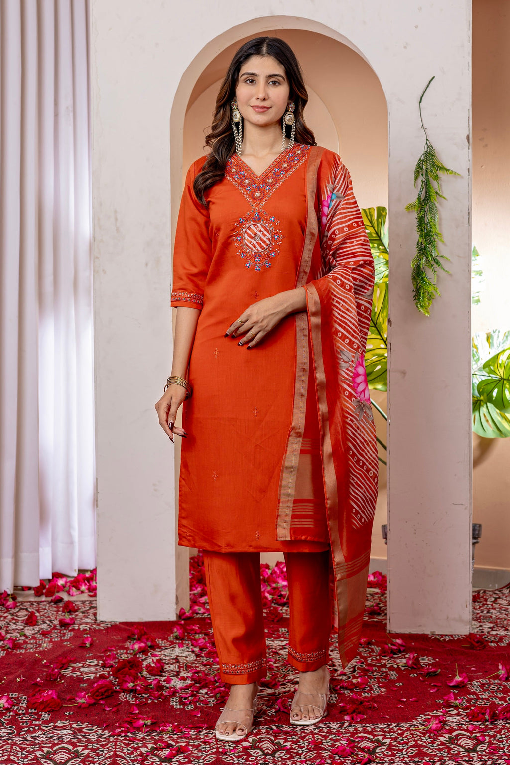 Vedant Vastram Viscose Silk Embroidery & Sequence Work Stitched Kurta Pant Dupatta Set-Orange