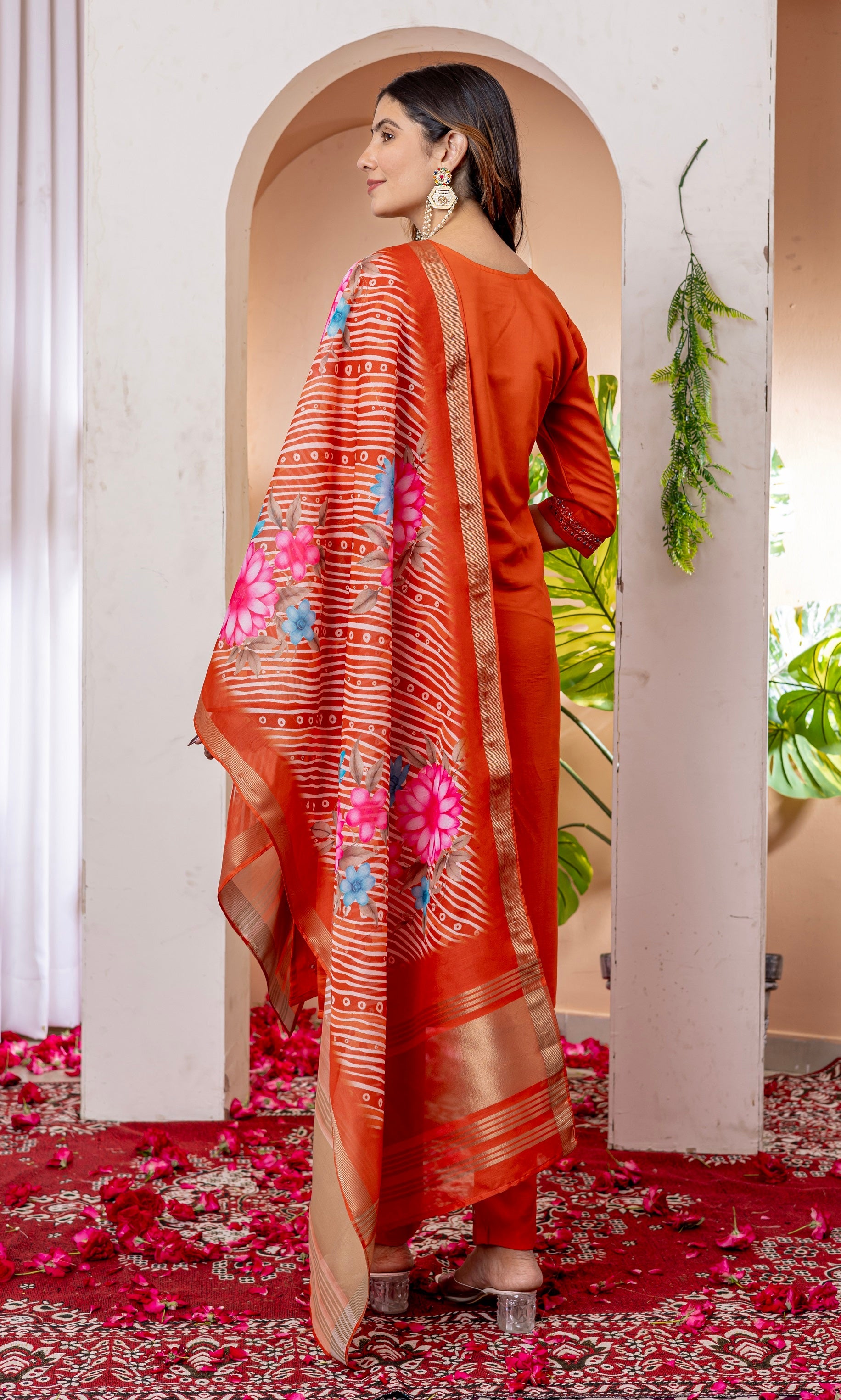Vedant Vastram Viscose Silk Embroidery & Sequence Work Stitched Kurta Pant Dupatta Set-Orange