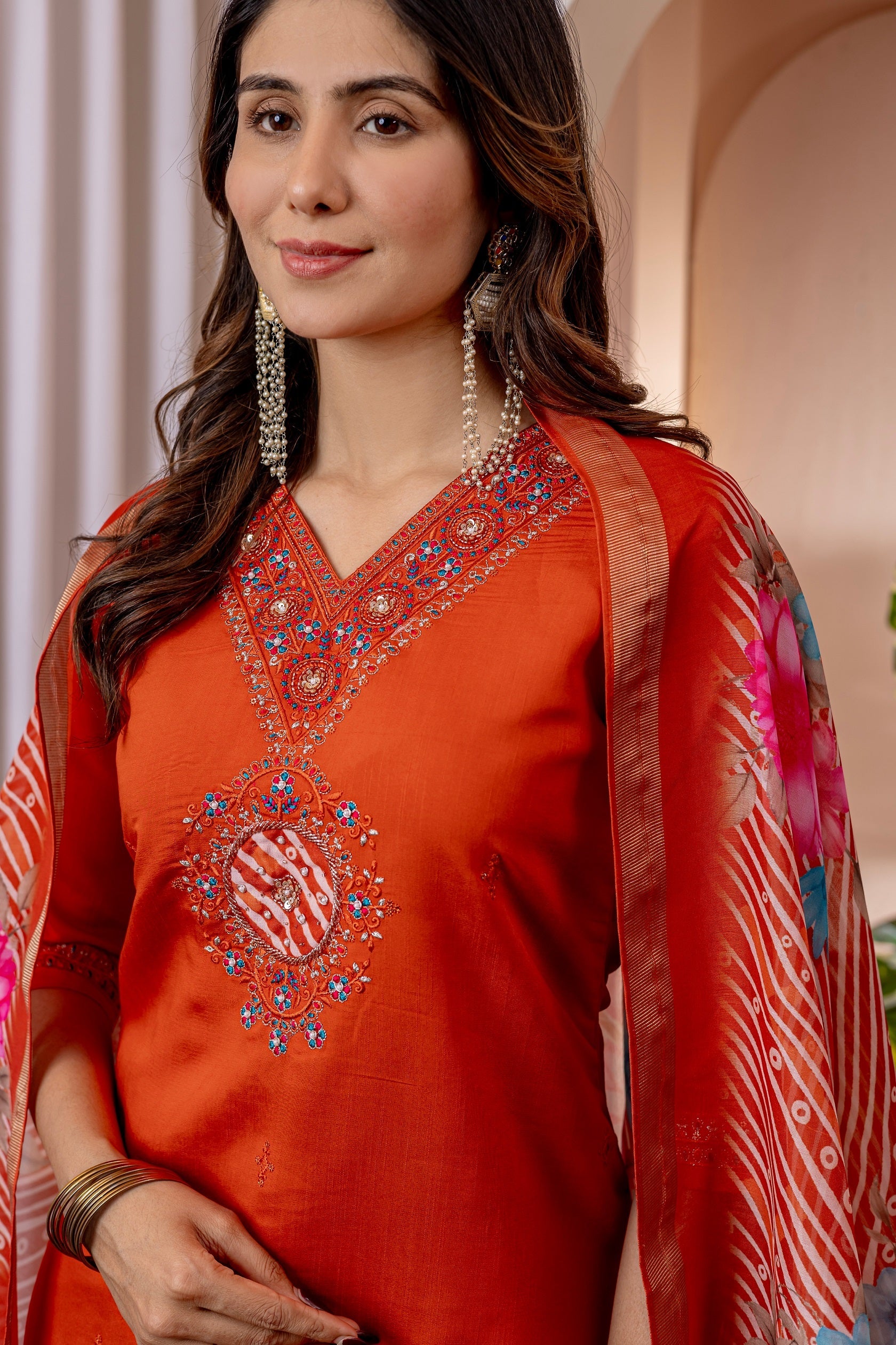 Vedant Vastram Viscose Silk Embroidery & Sequence Work Stitched Kurta Pant Dupatta Set-Orange