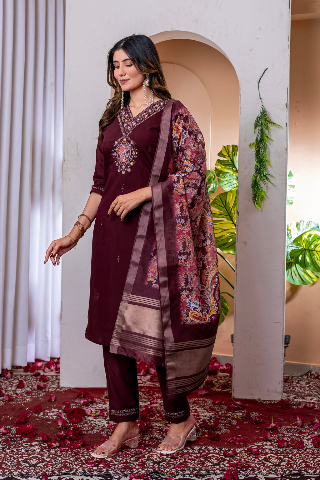 Vedant Vastram Viscose Silk Embroidery & Sequence Work Stitched Kurta Pant Dupatta Set-Wine