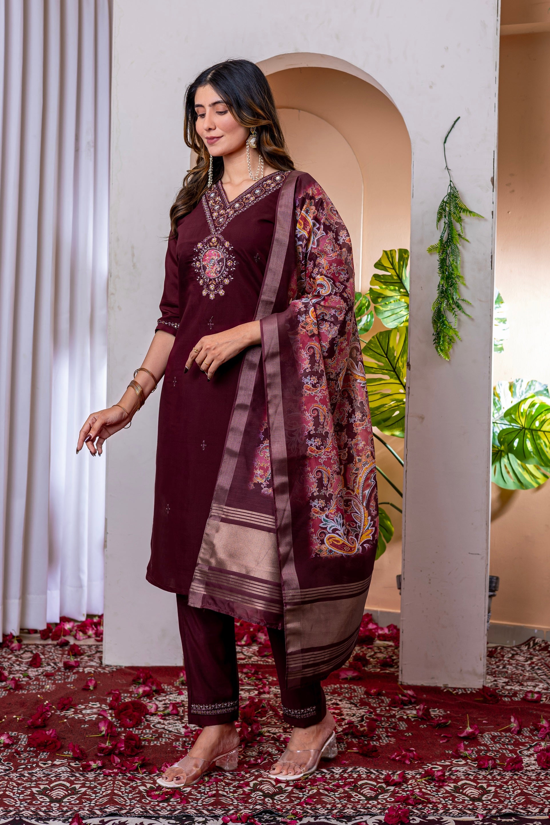 Vedant Vastram Viscose Silk Embroidery & Sequence Work Stitched Kurta Pant Dupatta Set-Wine