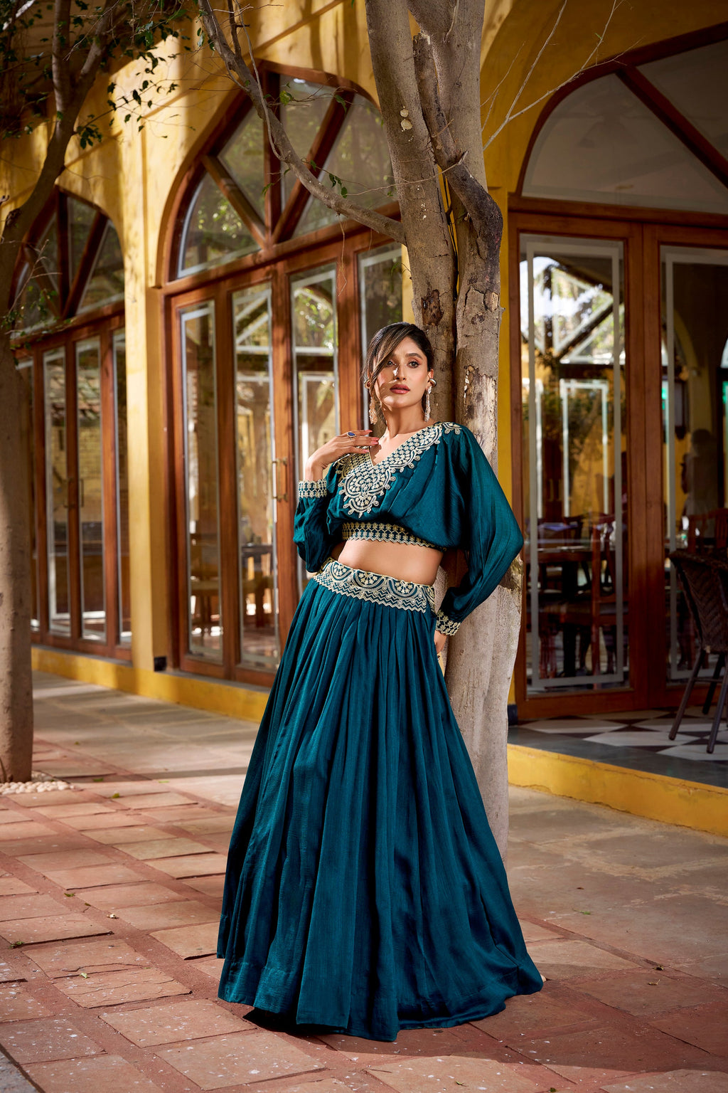 Lorenvalley Fashion Teal Vichitra Silk Thread Embroidery Work Lehenga Choli Co-ord Set