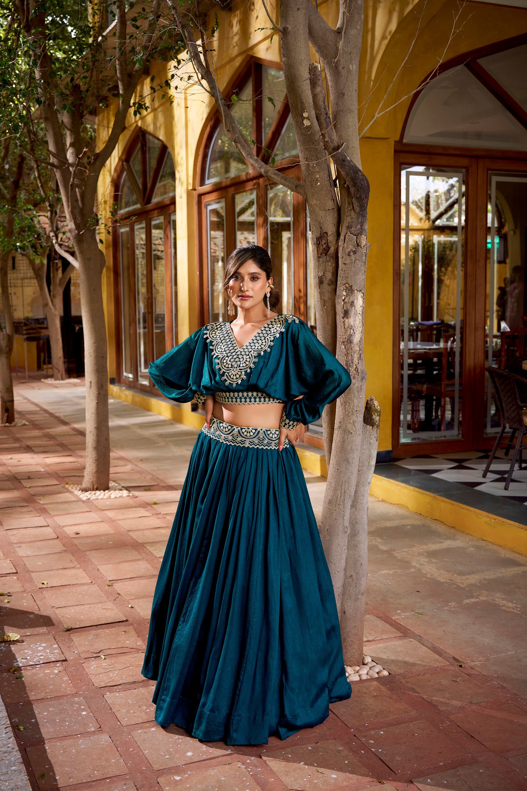 Lorenvalley Fashion Teal Vichitra Silk Thread Embroidery Work Lehenga Choli Co-ord Set
