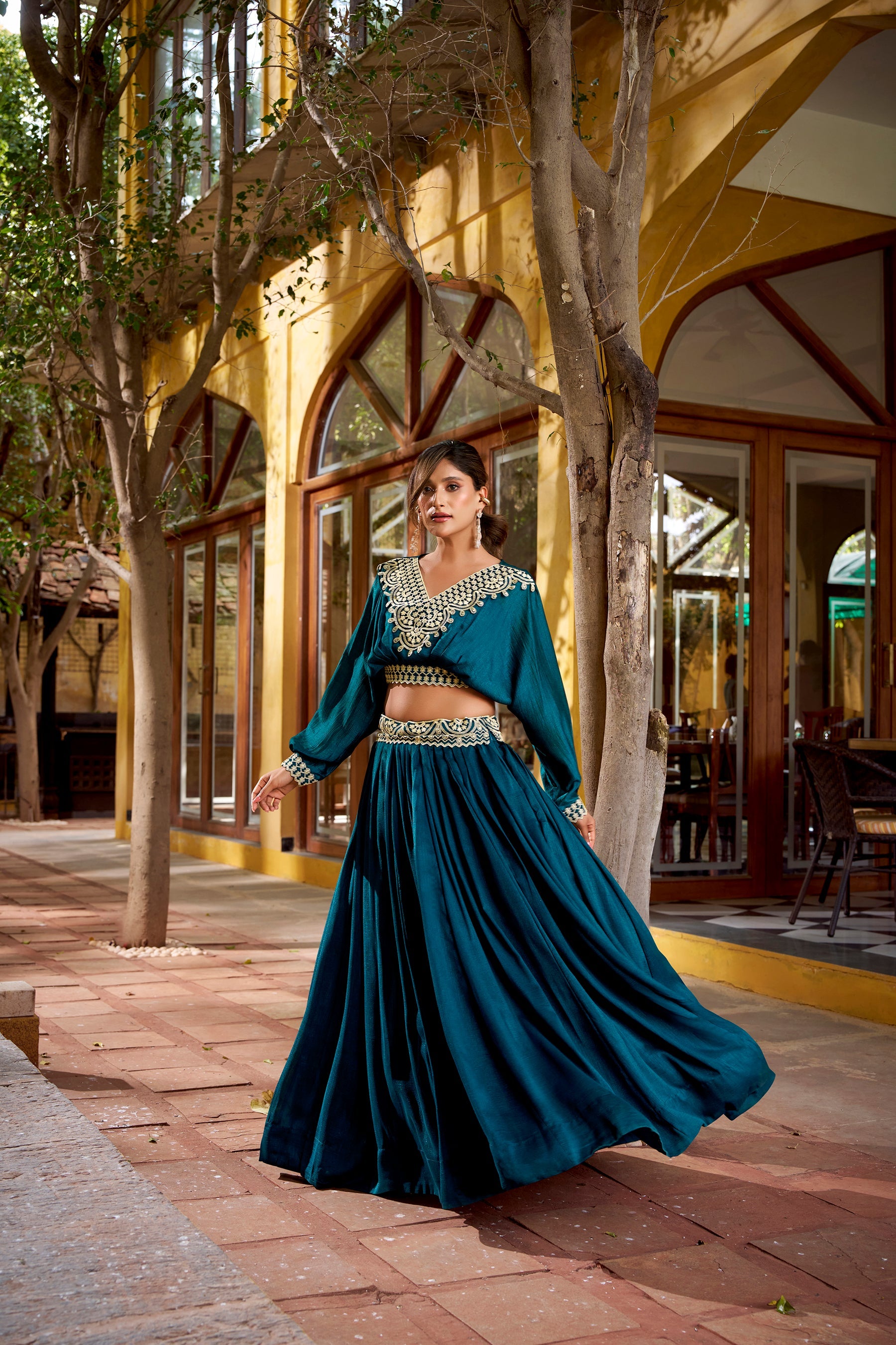 Lorenvalley Fashion Teal Vichitra Silk Thread Embroidery Work Lehenga Choli Co-ord Set
