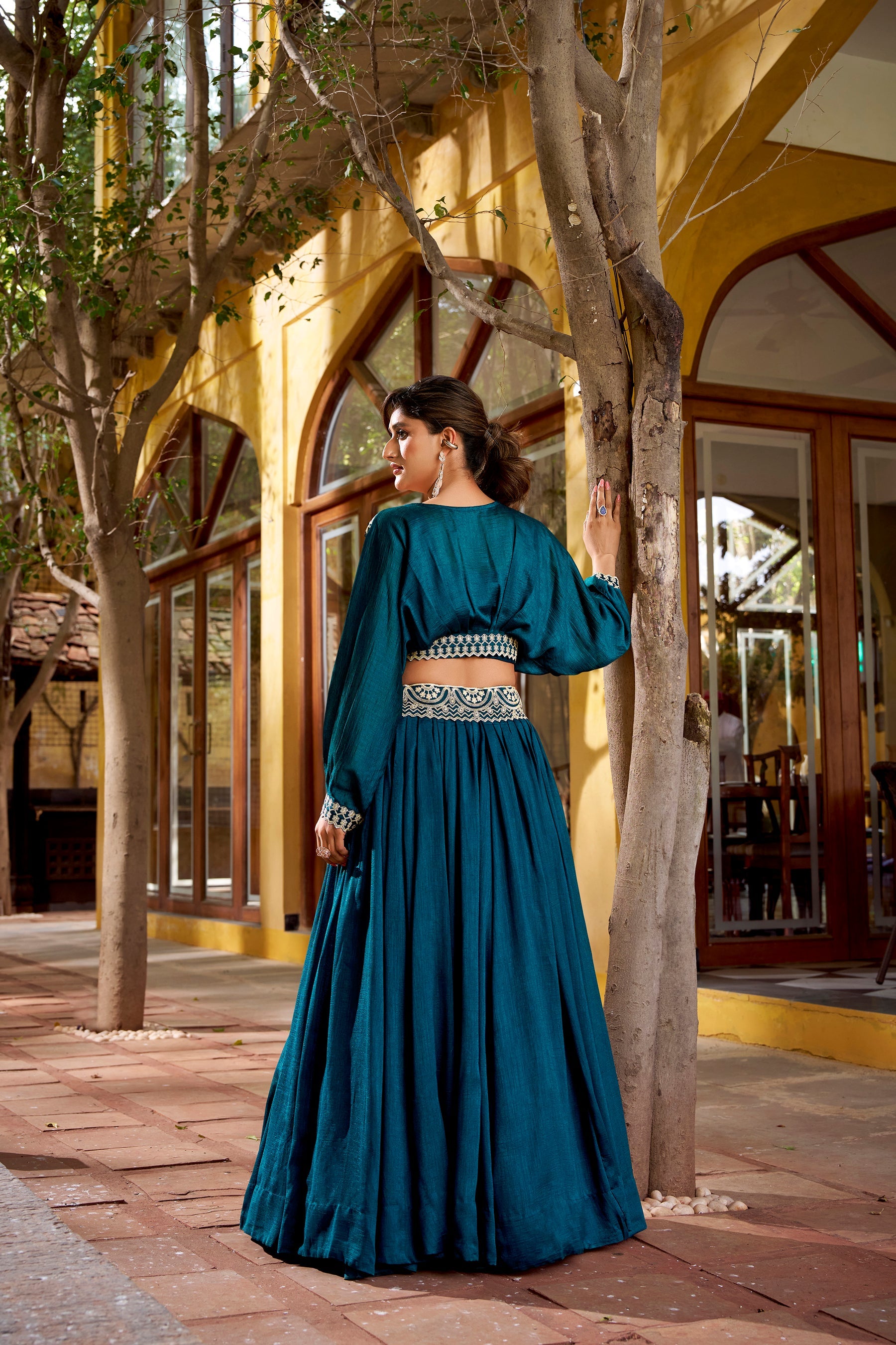Lorenvalley Fashion Teal Vichitra Silk Thread Embroidery Work Lehenga Choli Co-ord Set