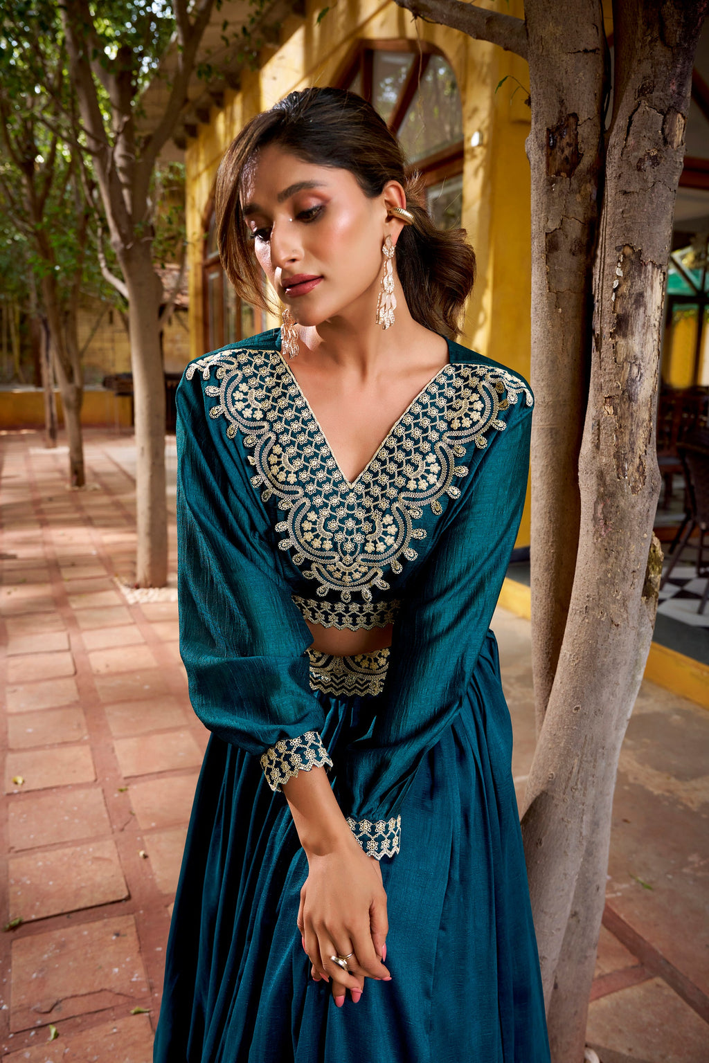 Lorenvalley Fashion Teal Vichitra Silk Thread Embroidery Work Lehenga Choli Co-ord Set