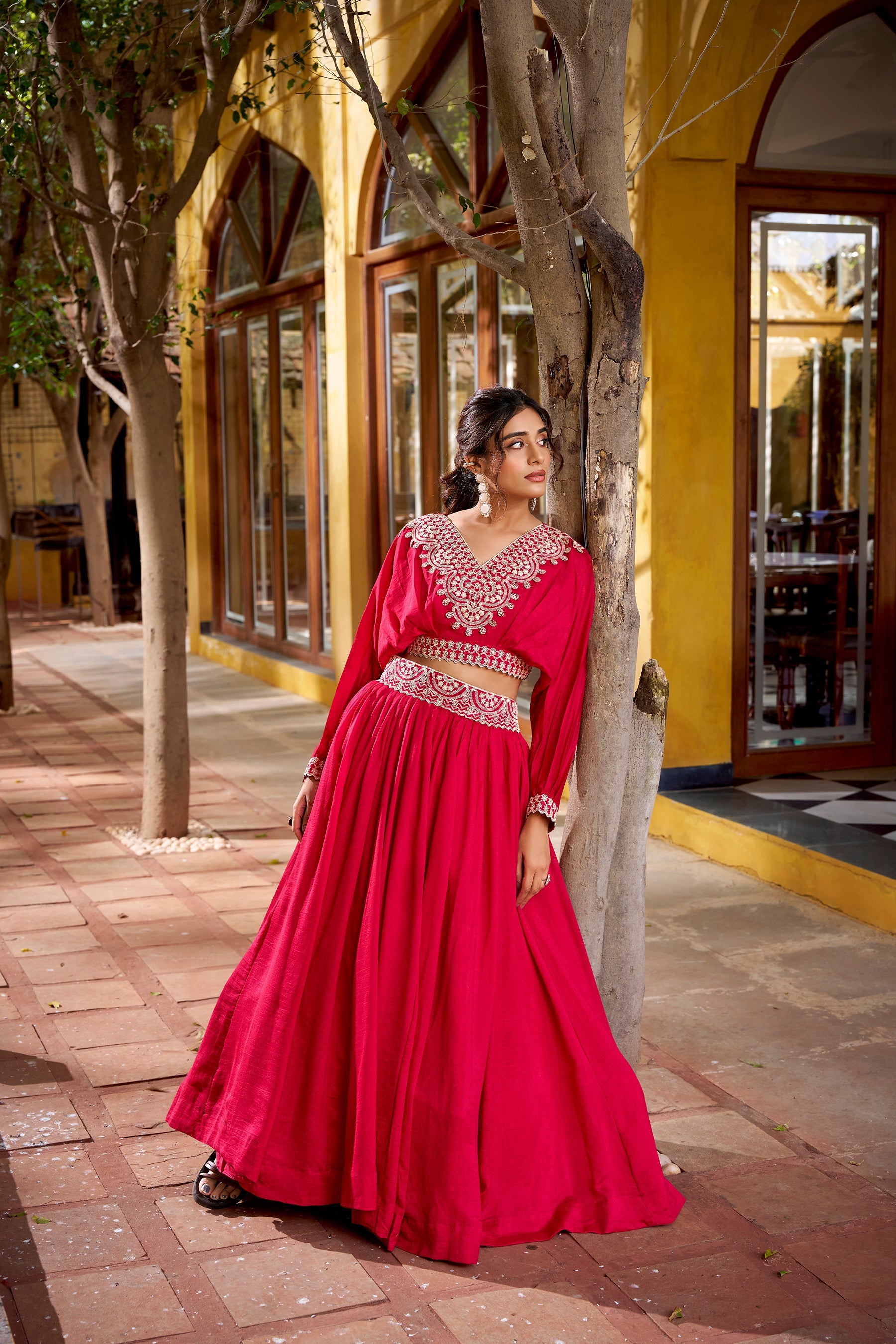 Lorenvalley Fashion Pink Vichitra Silk Thread Embroidery Work Lehenga Choli Co-ord Set