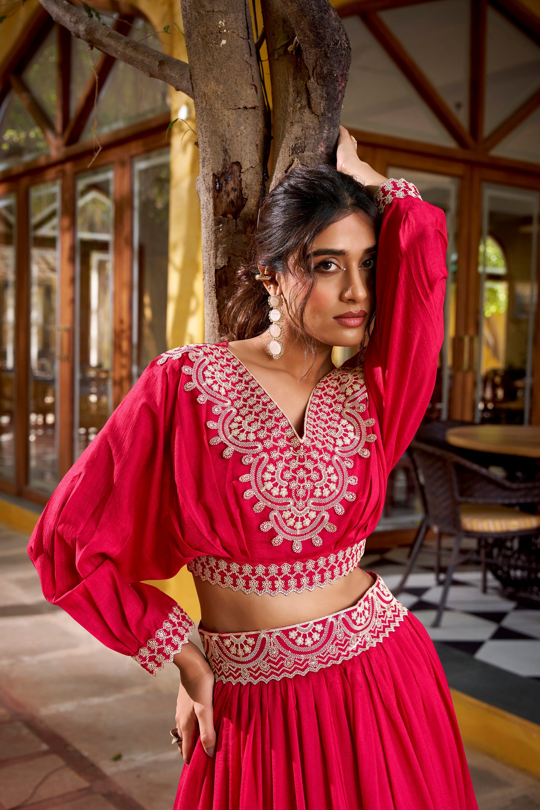 Lorenvalley Fashion Pink Vichitra Silk Thread Embroidery Work Lehenga Choli Co-ord Set