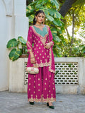 Anaita Hot Pink Chinon Stitched Plazzo Suit With Dhaga & Sequence Work