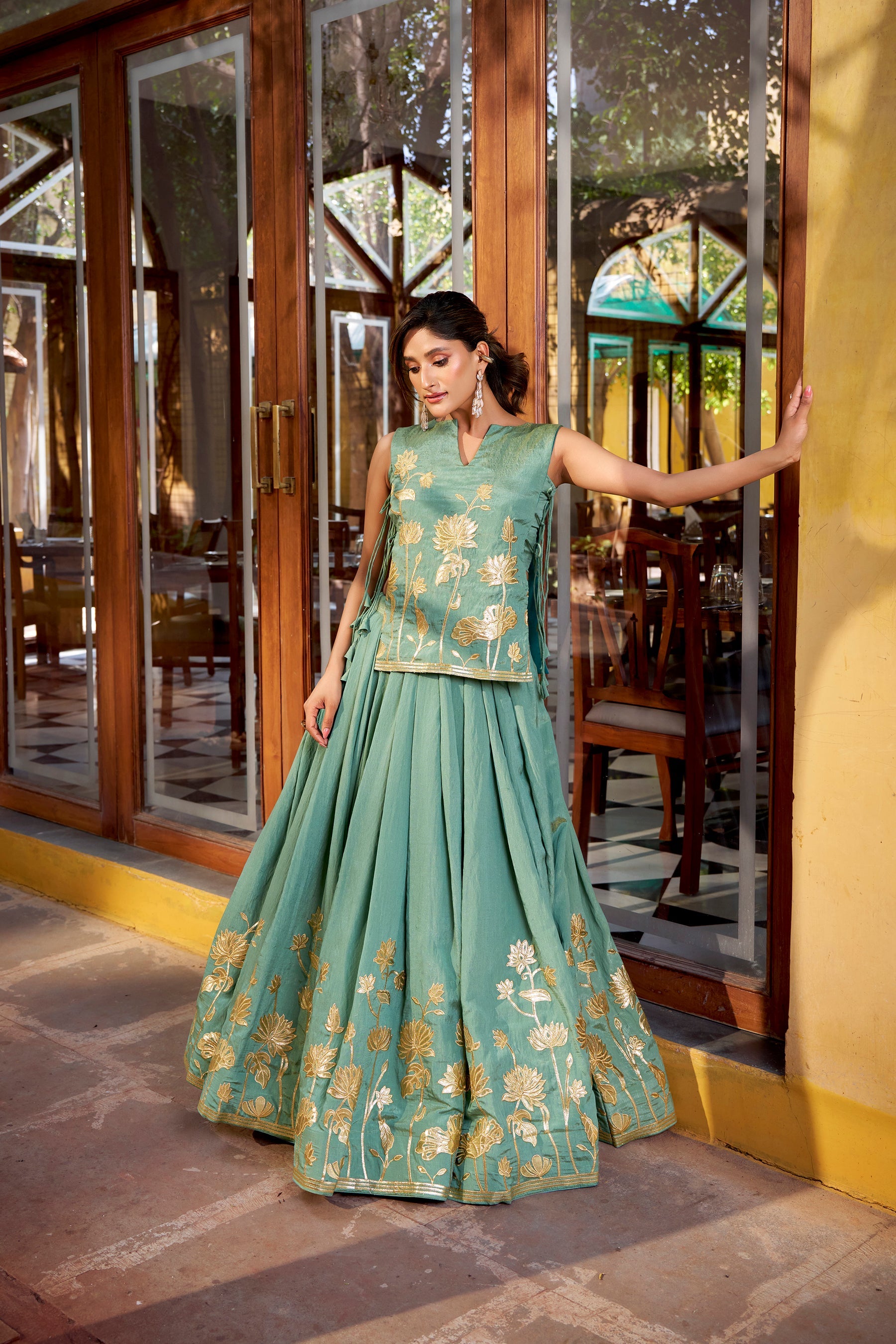 Lorenvalley Fashion Skyblue Pure Shimmer Thread Embroidery with Foil Work Lehenga Choli Co-ord Set