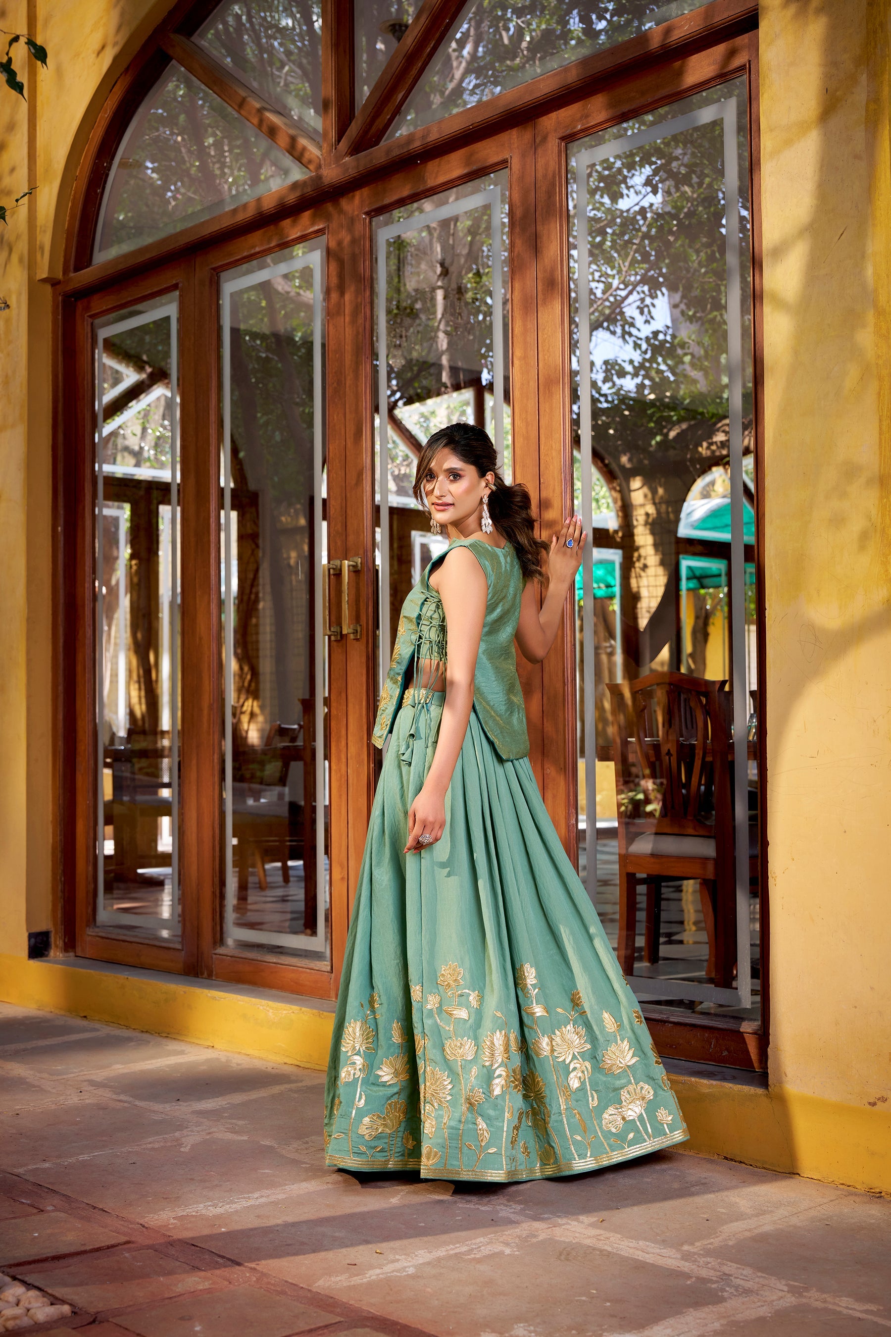 Lorenvalley Fashion Skyblue Pure Shimmer Thread Embroidery with Foil Work Lehenga Choli Co-ord Set