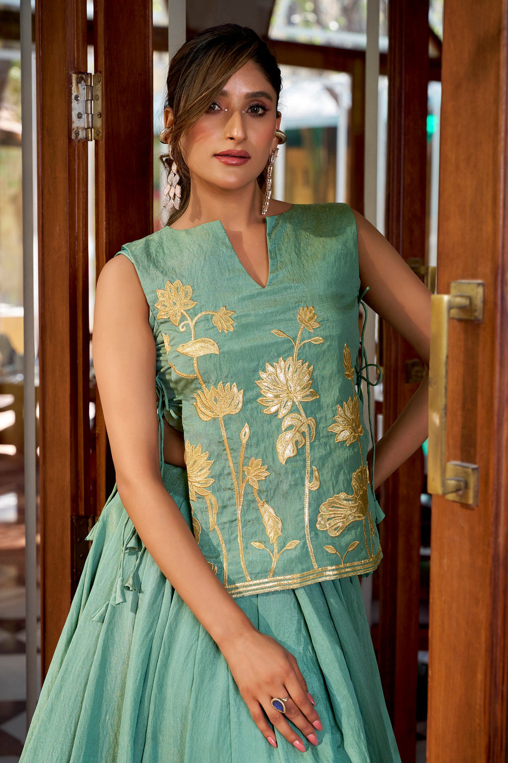 Lorenvalley Fashion Skyblue Pure Shimmer Thread Embroidery with Foil Work Lehenga Choli Co-ord Set