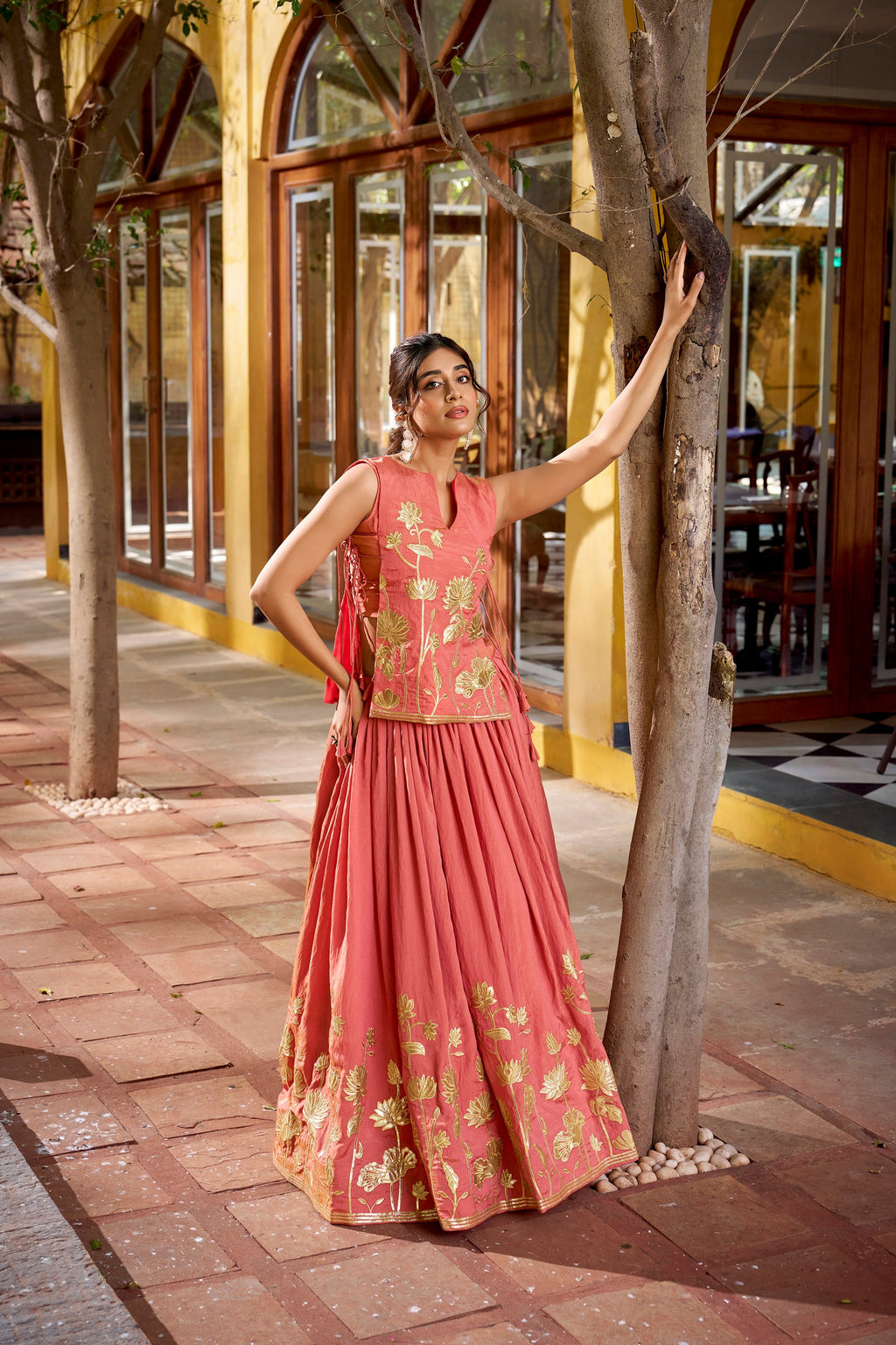 Lorenvalley Fashion Rust Pure Shimmer Thread Embroidery with Foil Work Lehenga Choli Co-ord Set
