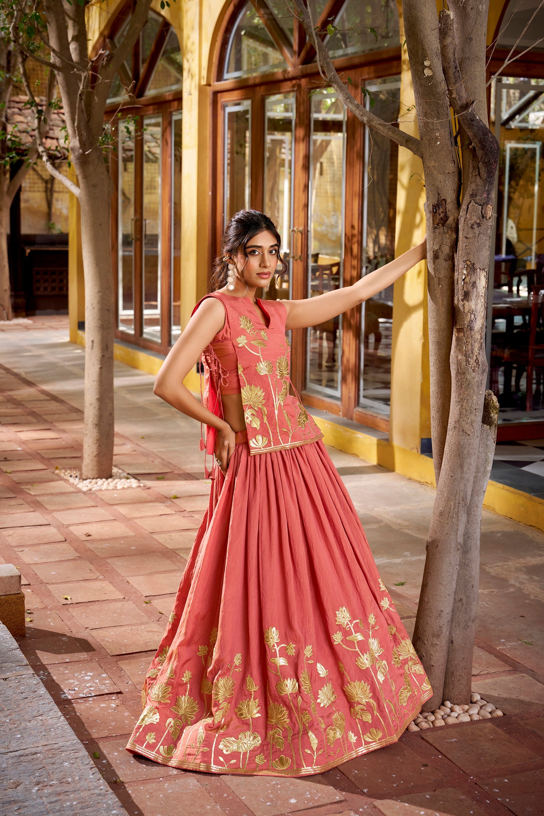 Lorenvalley Fashion Rust Pure Shimmer Thread Embroidery with Foil Work Lehenga Choli Co-ord Set