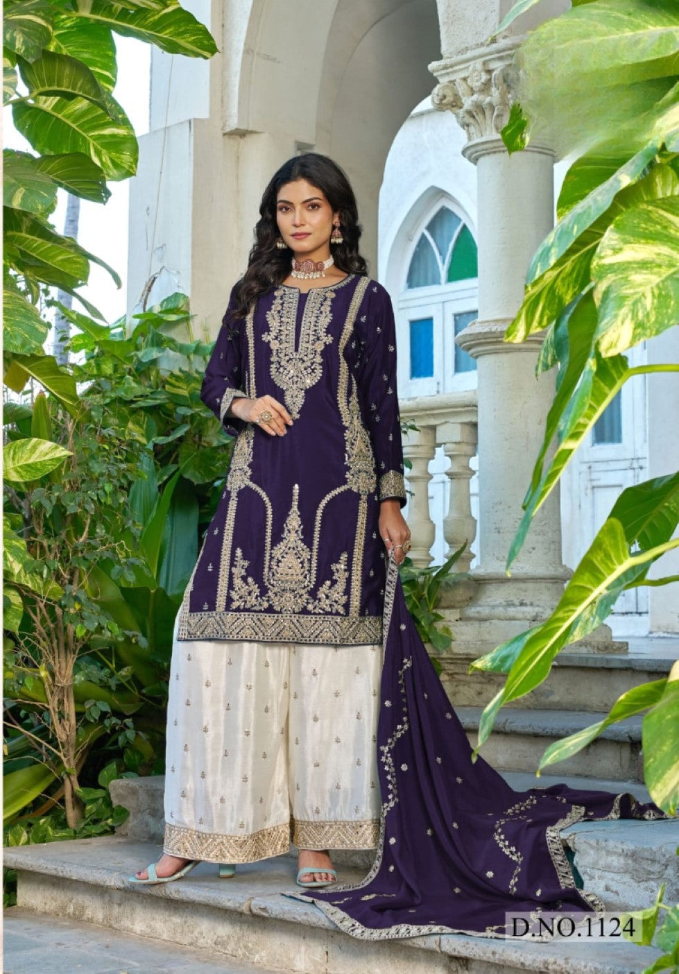 Anaita Violet Chinon Stitched Plazzo Suit With Codding Dori & Sequence Work