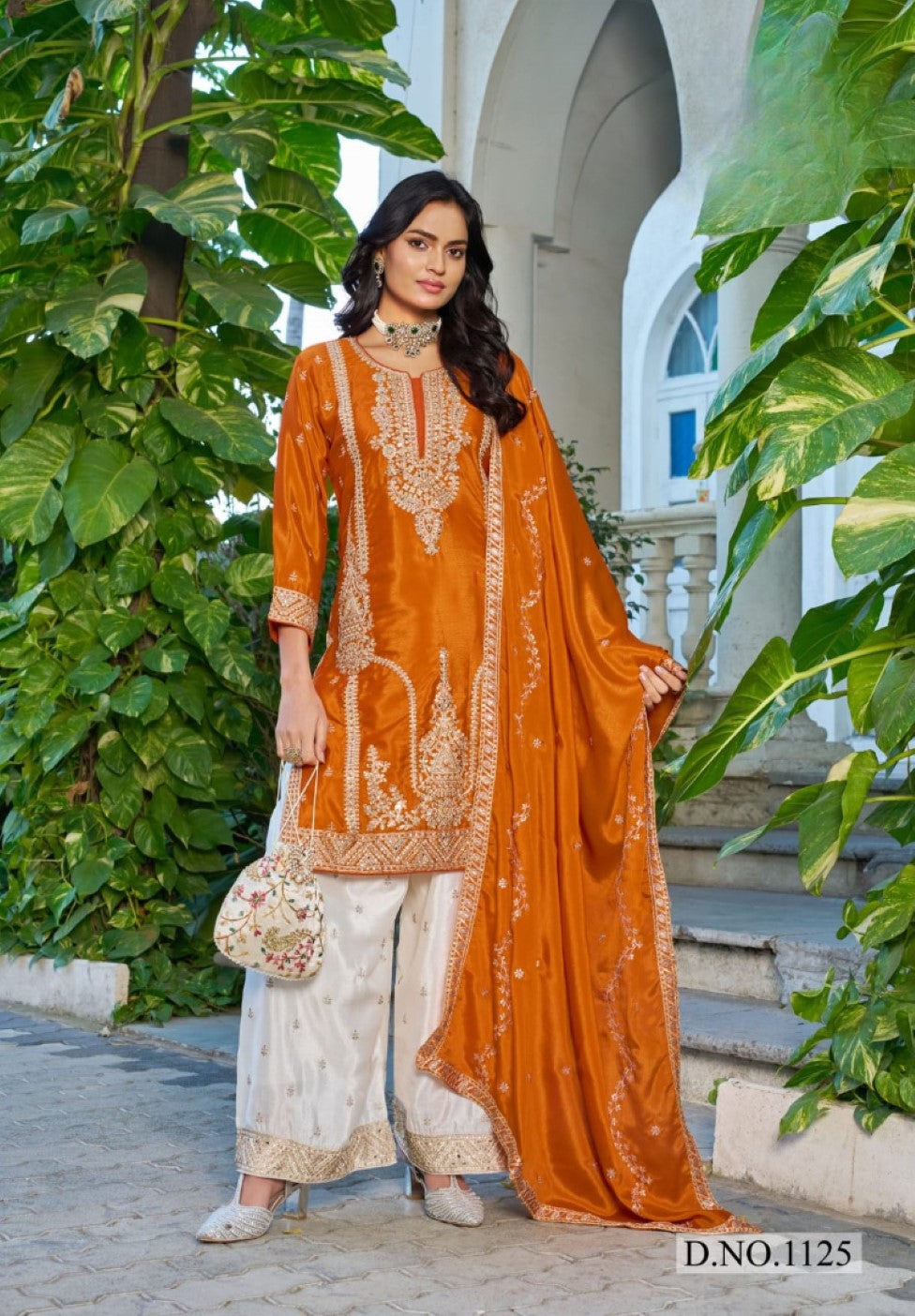 Anaita Orange Chinon Stitched Plazzo Suit With Codding Dori & Sequence Work