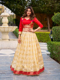 Lorenvalley Fashion Cream Jacquard Silk (Paithani) Zari Weaving Work Lehenga Choli with Koti Co-ord Set
