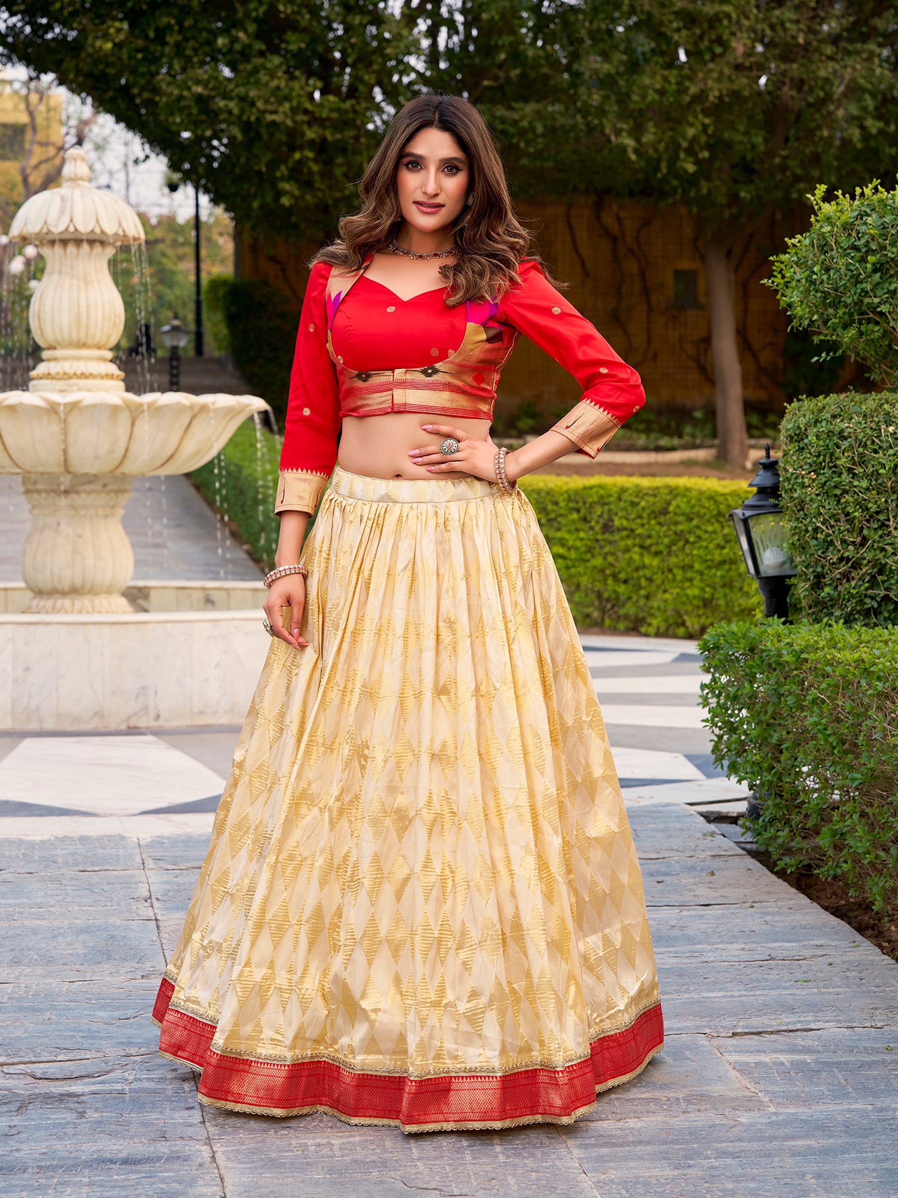 Lorenvalley Fashion Cream Jacquard Silk (Paithani) Zari Weaving Work Lehenga Choli with Koti Co-ord Set