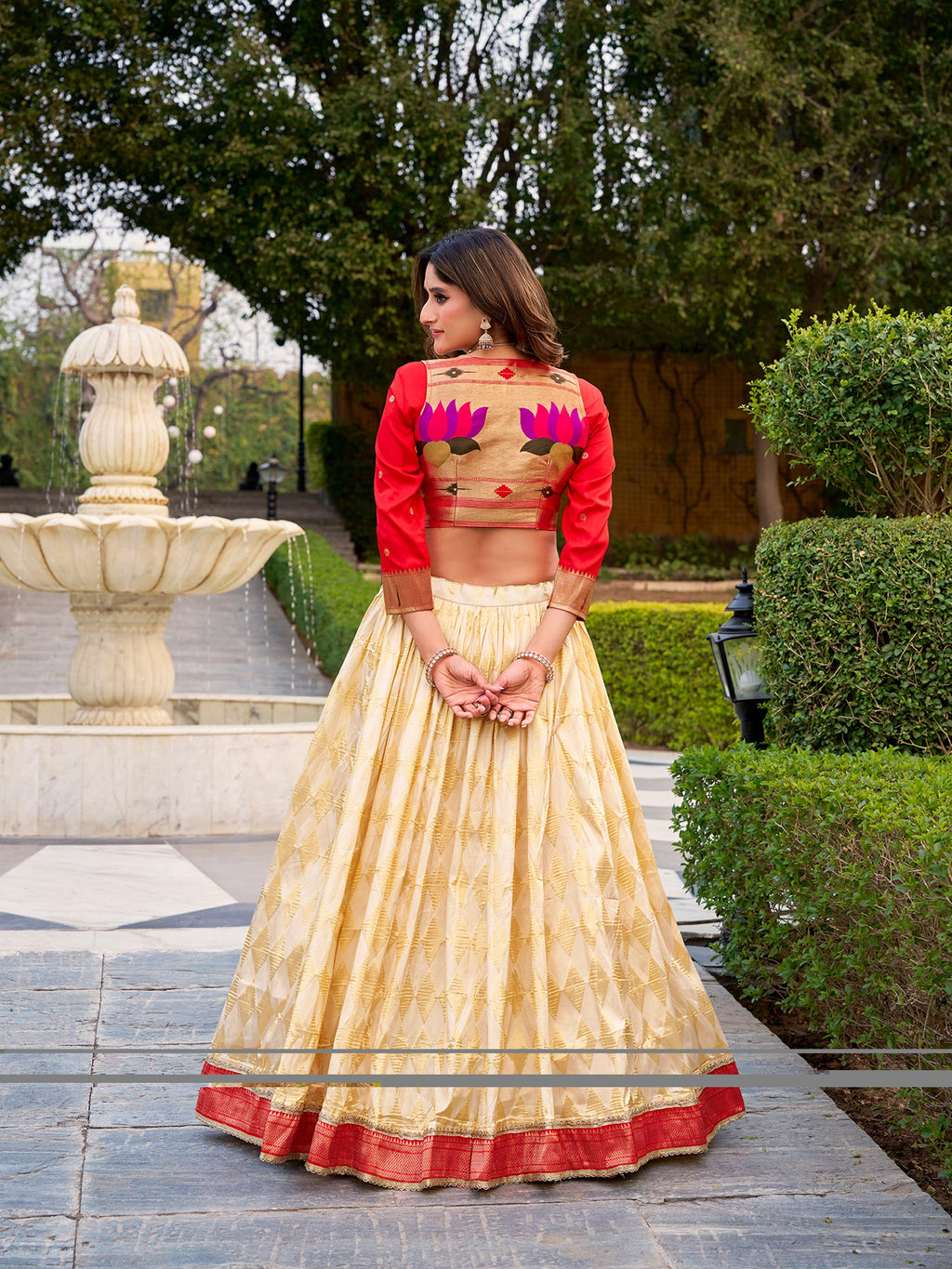 Lorenvalley Fashion Cream Jacquard Silk (Paithani) Zari Weaving Work Lehenga Choli with Koti Co-ord Set