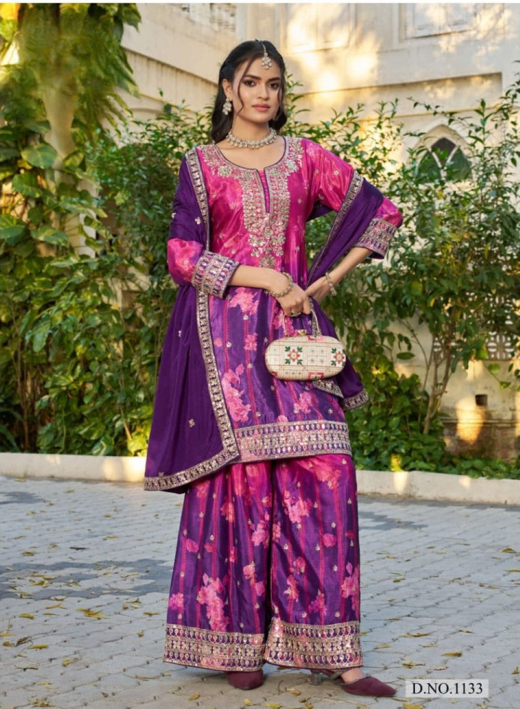 Anaita Purple Chinon Stitched Plazzo Suit With Digital Printed & Hand Work