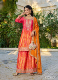 Anaita Orange Chinon Stitched Plazzo Suit With Digital Printed & Hand Work