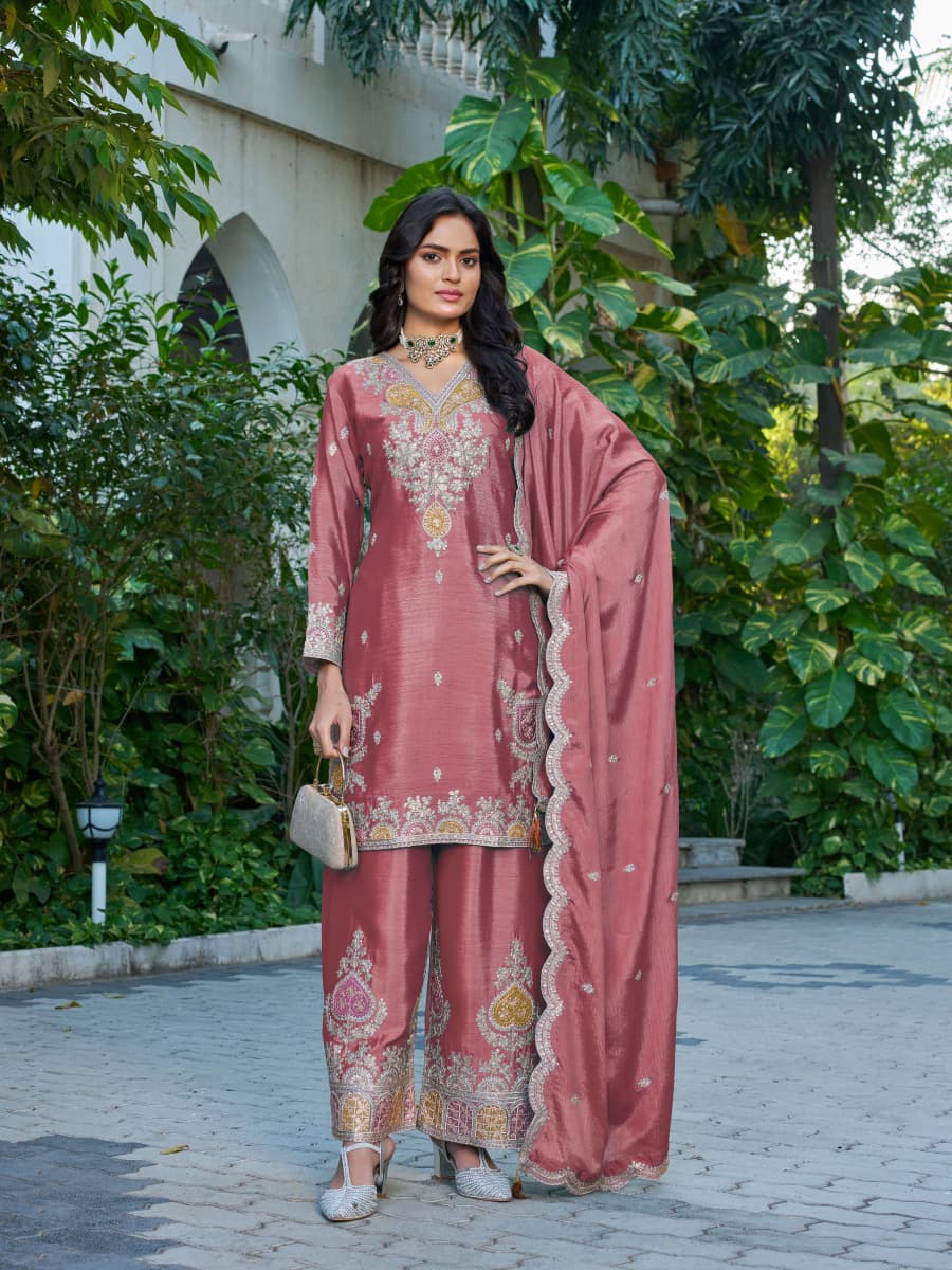 Anaita Peach Chinon Stitched Plazzo Suit With Dhaga & Sequence Work