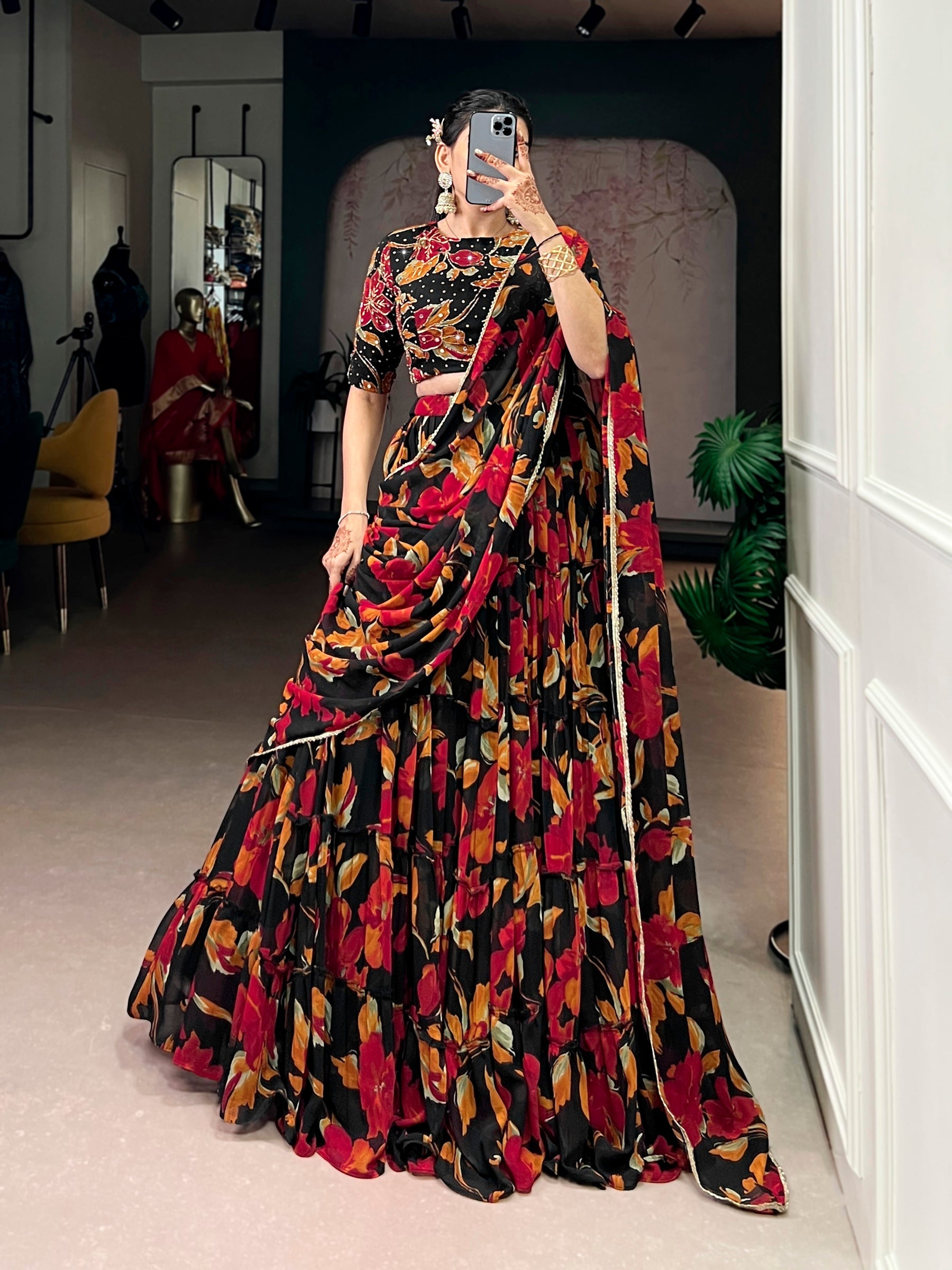 Lorenvalley Fashion Multicolor Marble Floral Printed Lehenga Choli with Dupatta