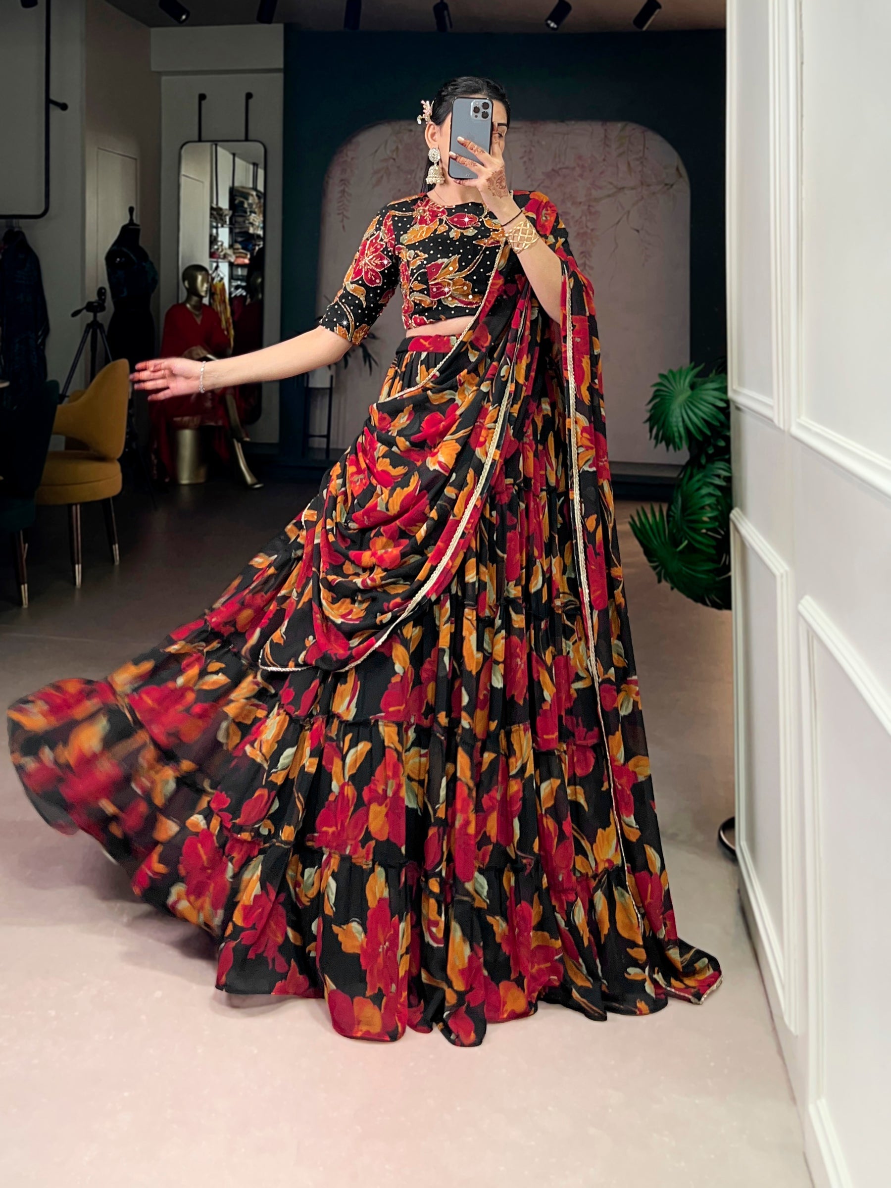 Lorenvalley Fashion Multicolor Marble Floral Printed Lehenga Choli with Dupatta