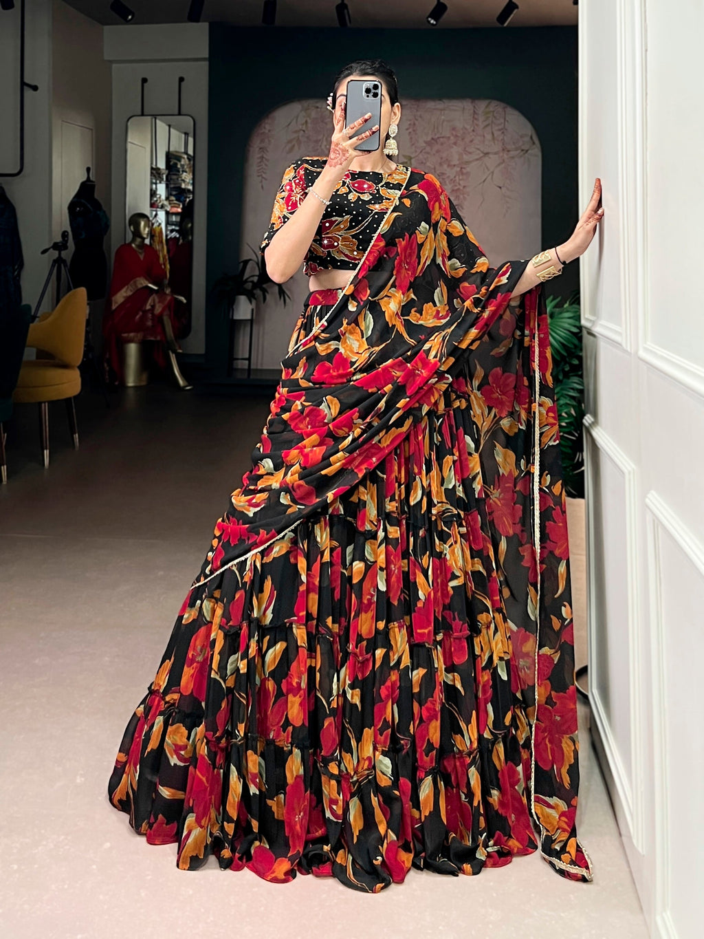 Lorenvalley Fashion Multicolor Marble Floral Printed Lehenga Choli with Dupatta