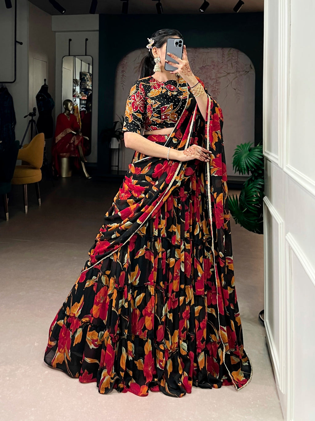 Lorenvalley Fashion Multicolor Marble Floral Printed Lehenga Choli with Dupatta
