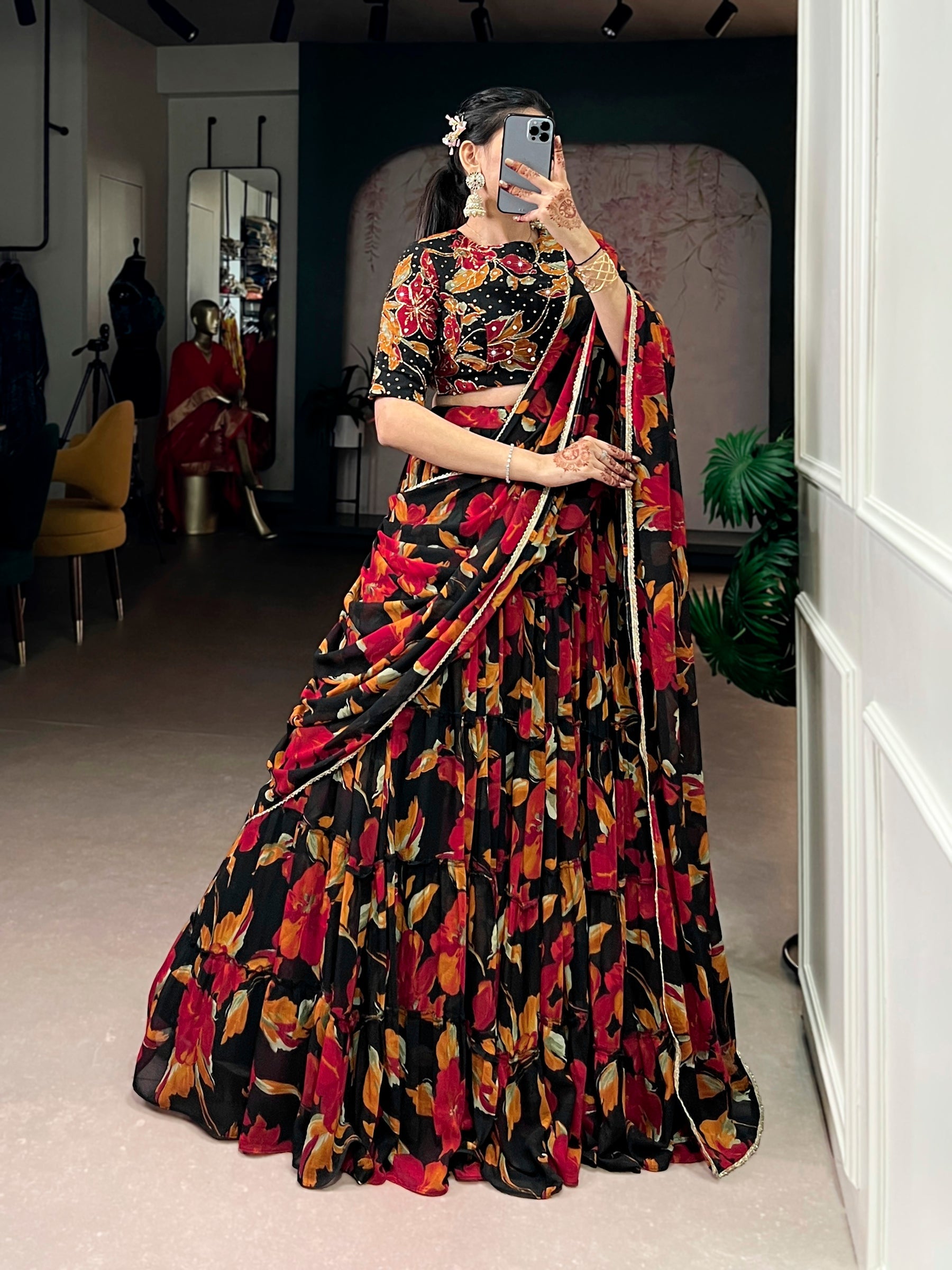 Lorenvalley Fashion Multicolor Marble Floral Printed Lehenga Choli with Dupatta