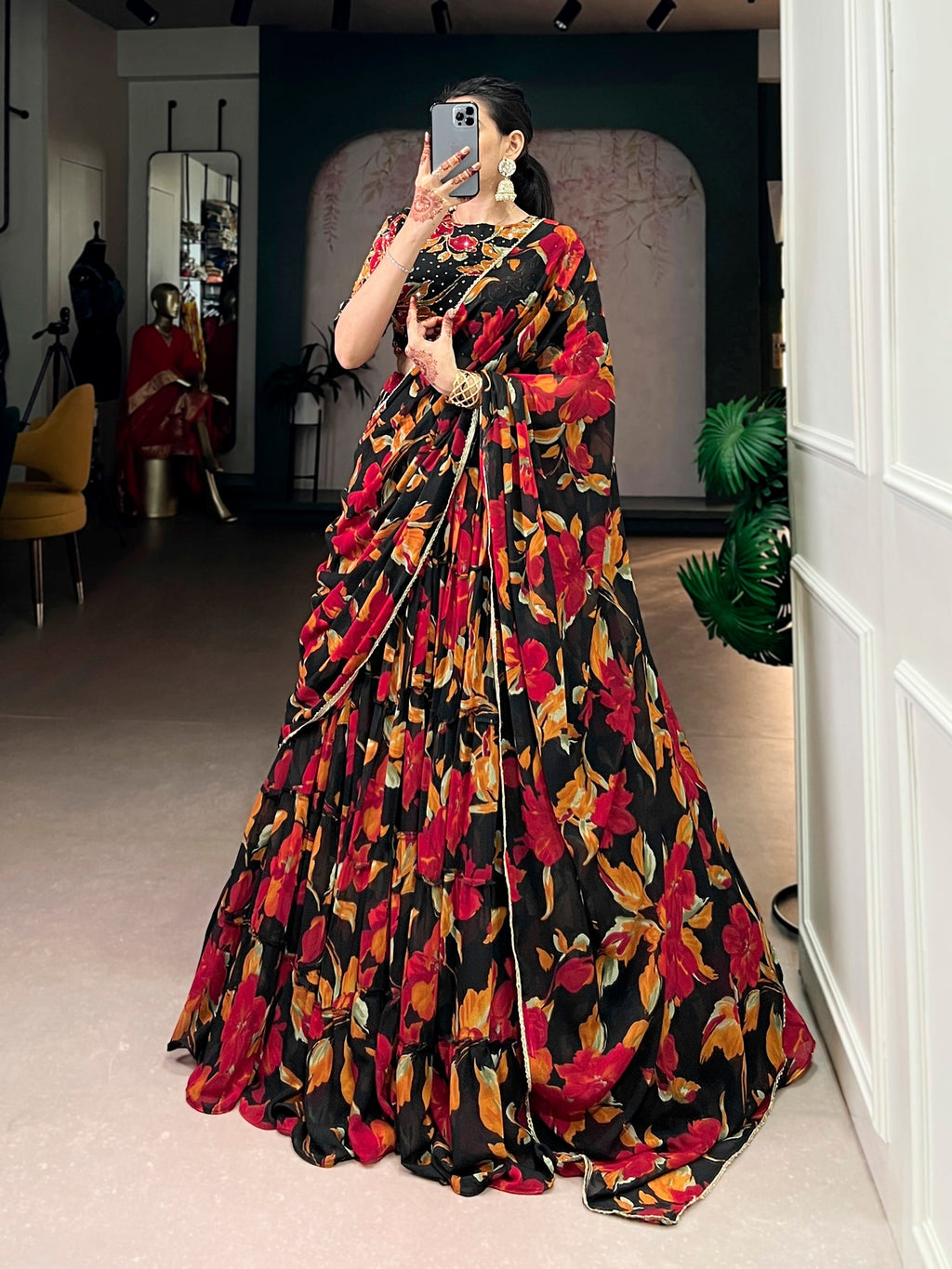 Lorenvalley Fashion Multicolor Marble Floral Printed Lehenga Choli with Dupatta