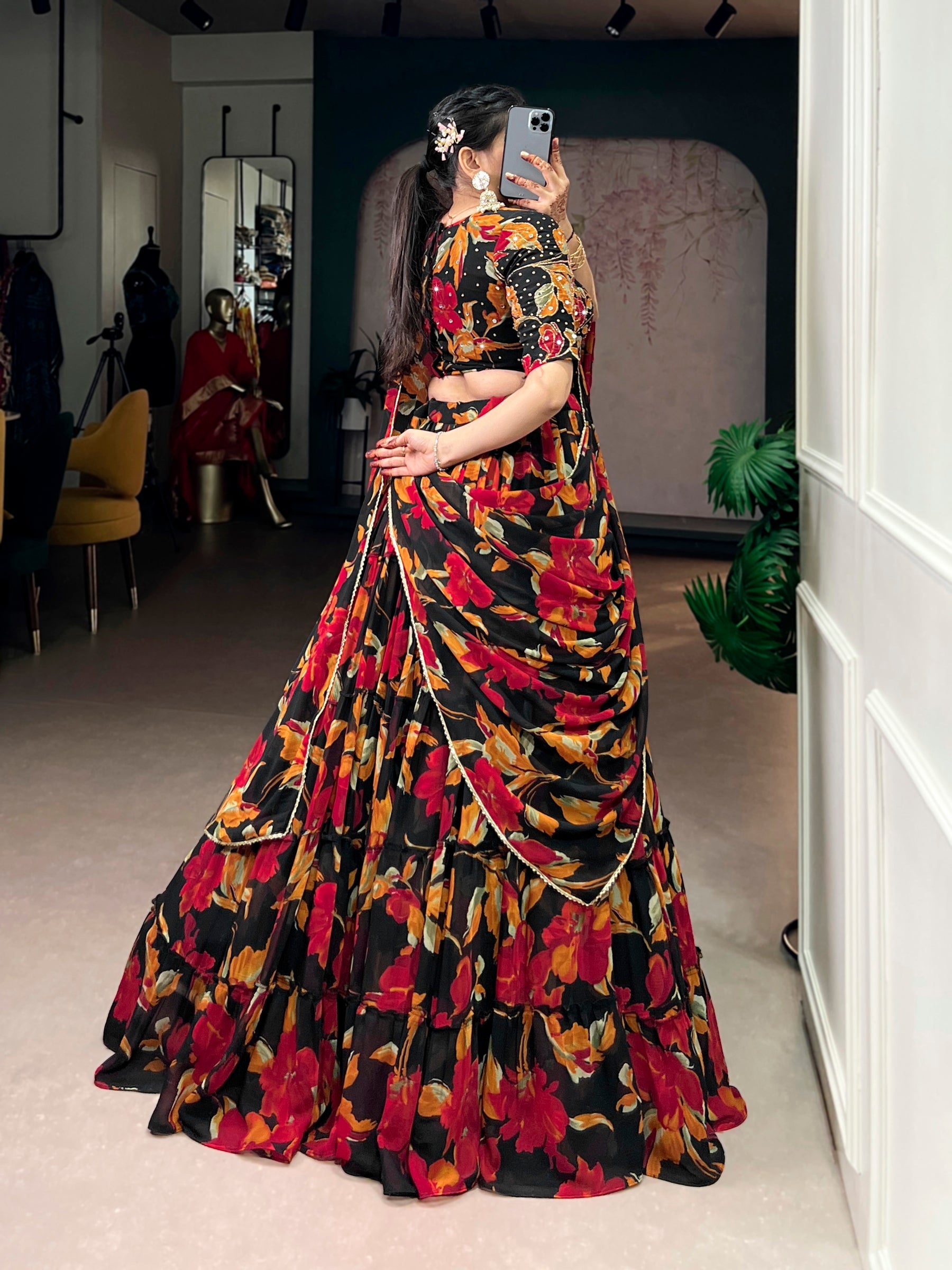 Lorenvalley Fashion Multicolor Marble Floral Printed Lehenga Choli with Dupatta