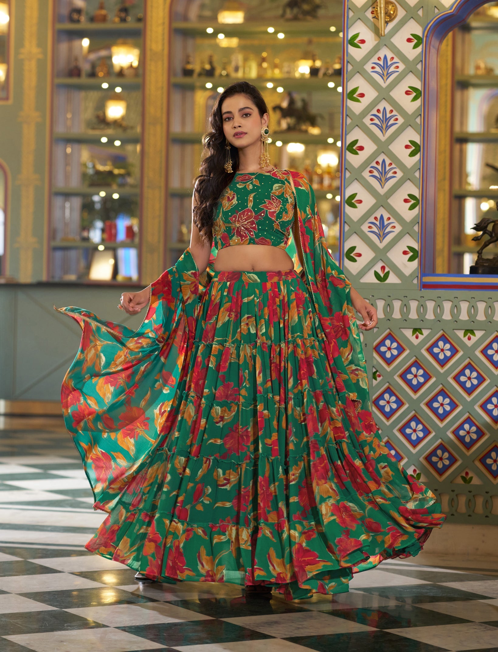 Lorenvalley Fashion Multicolor Marble Floral Printed Lehenga Choli With Dupatta